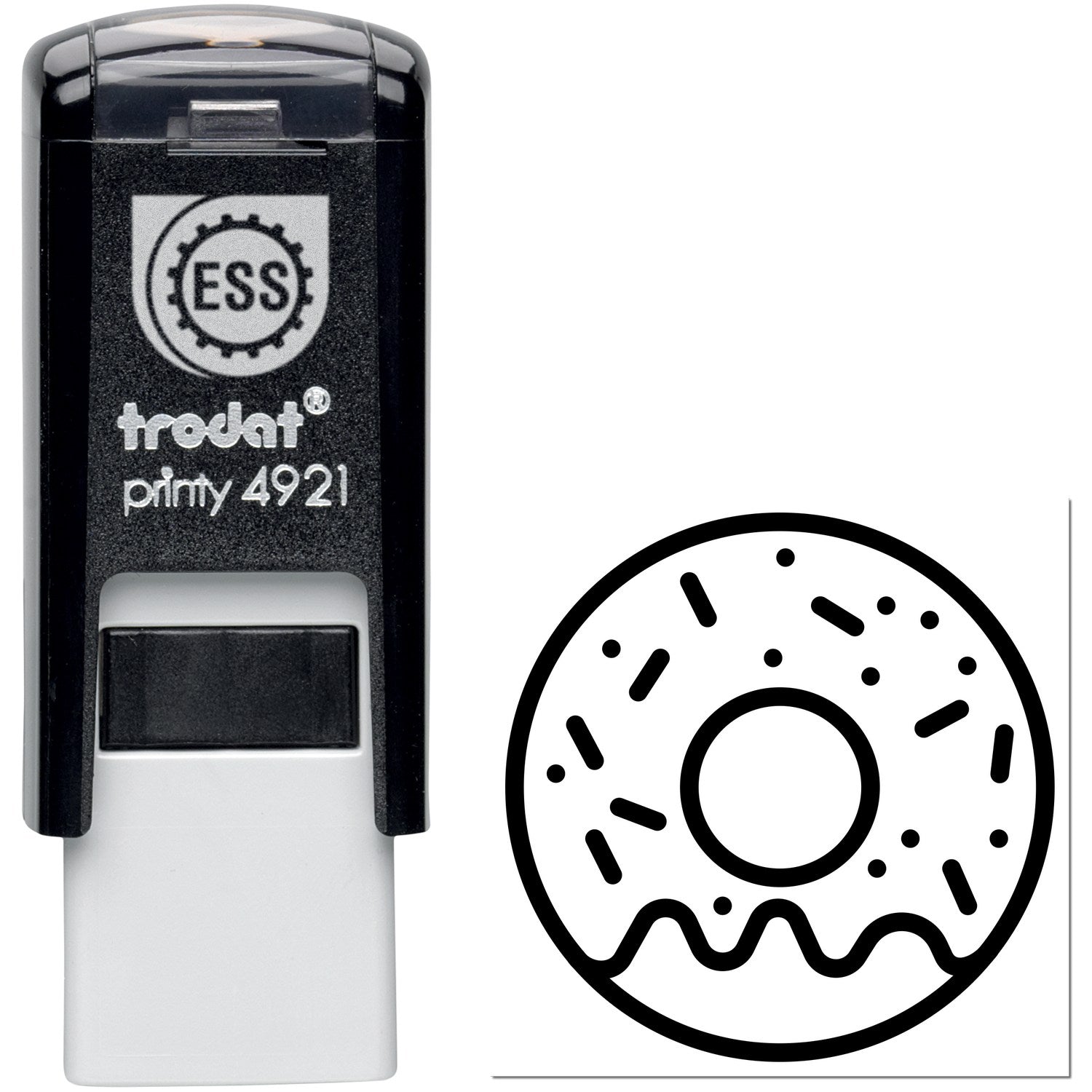 Self-Inking Doughnut Delight Repeat Customer Stamp featuring a black casing with a doughnut design imprint, perfect for rewarding loyal customers.