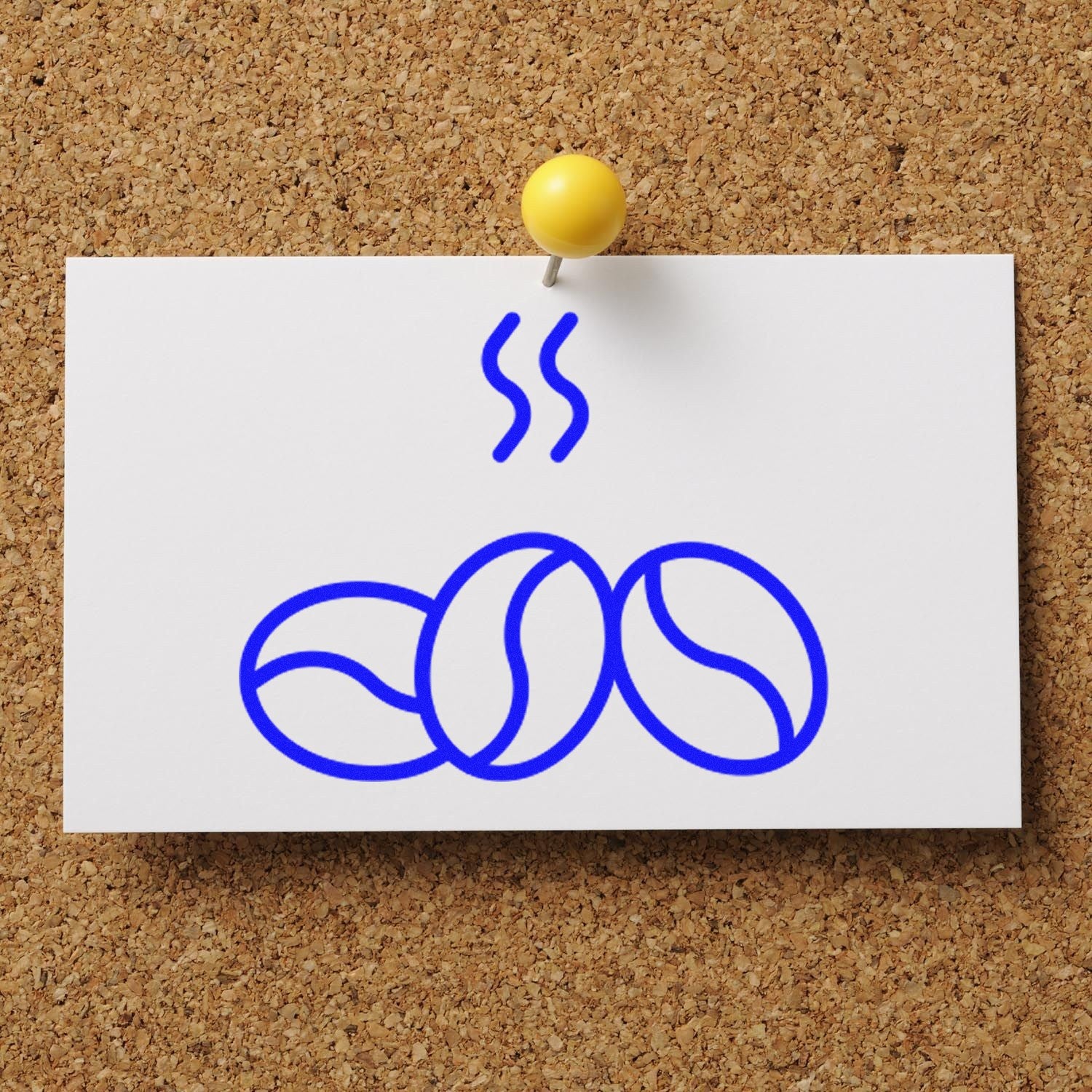 Image of a Self-Inking Bean Loyalty Scheme Stamp with a blue coffee bean design on a white card pinned to a corkboard. Perfect for loyalty programs and customer rewards.