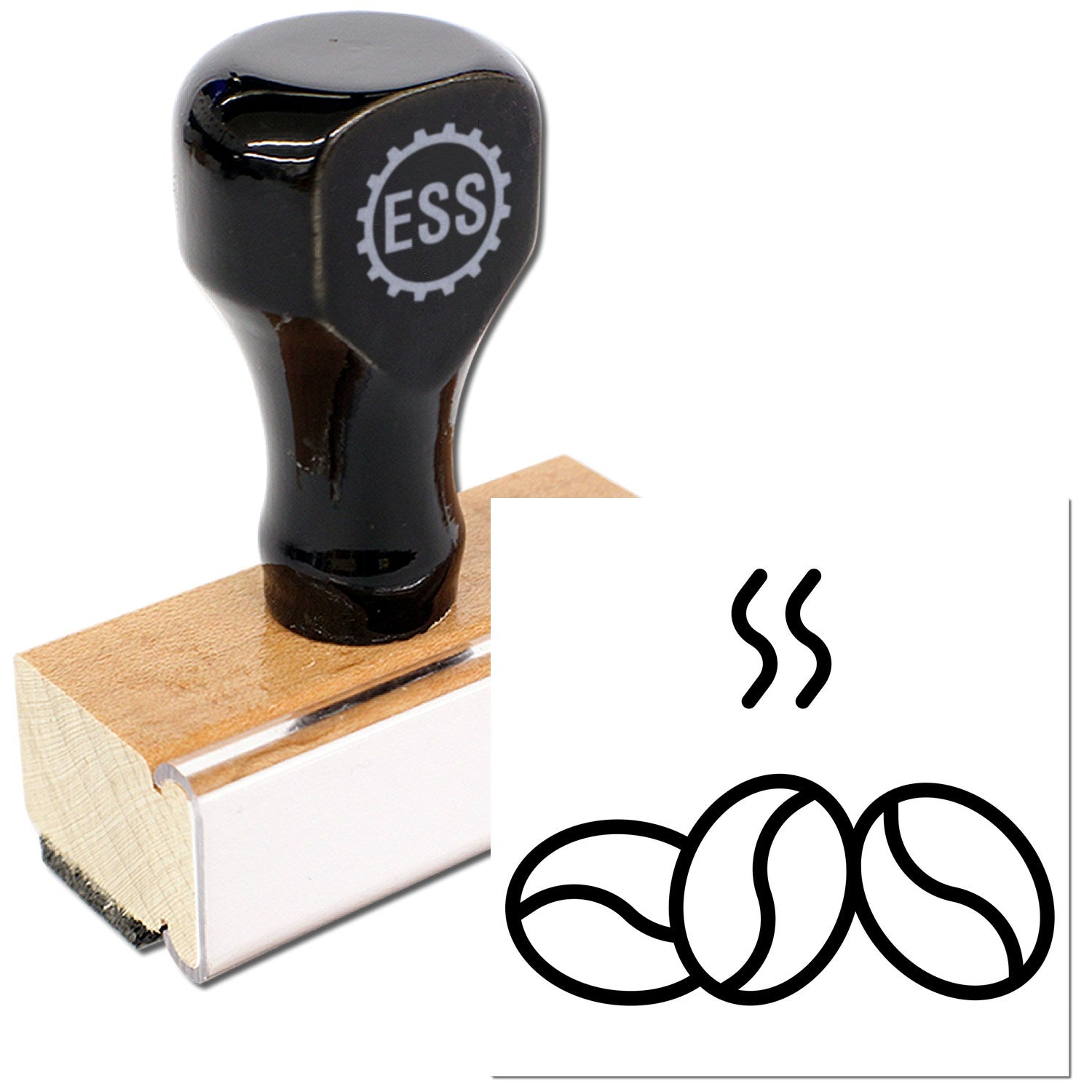 Wood Handle Bean Loyalty Scheme Rubber Stamp with black top and wooden base, featuring a coffee bean design. Ideal for loyalty cards and branding.