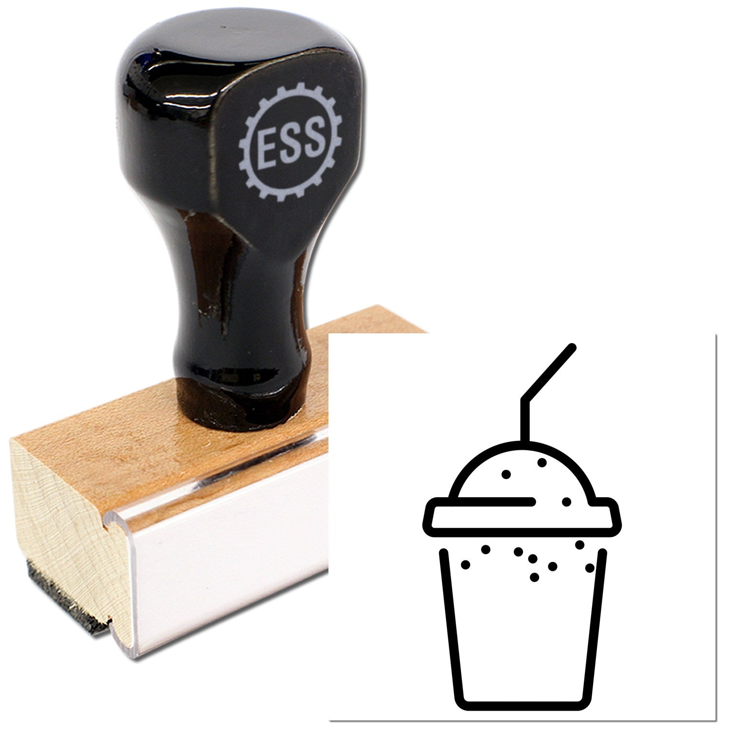 Wood Handle Shake Membership Rubber Stamp with black top and wooden base, featuring a shake icon design. Ideal for crafting and personalized stamping projects.