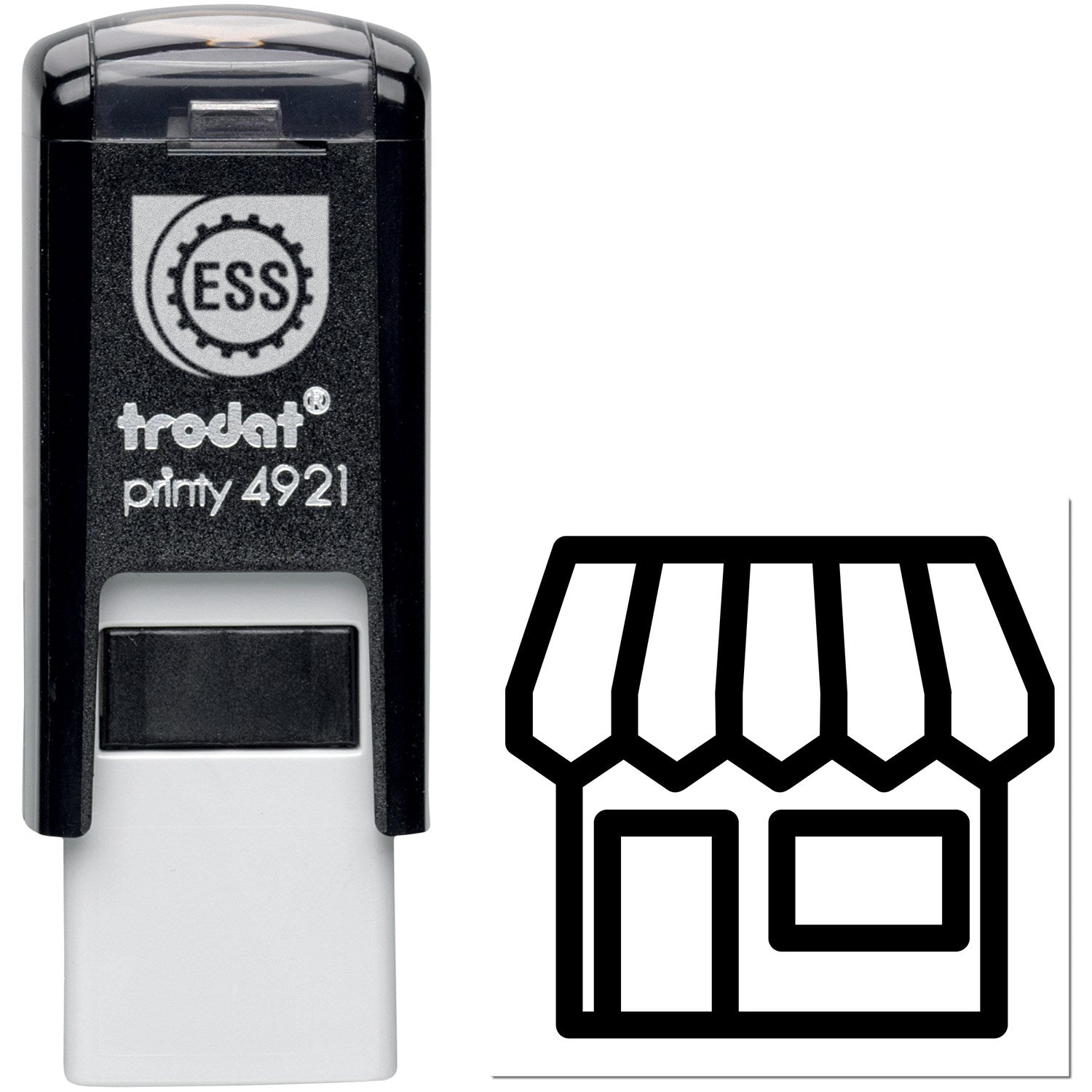 Self-Inking Real Estate Return Visit Stamp, black, with a compact design and a house icon. Ideal for efficient document marking in real estate transactions.