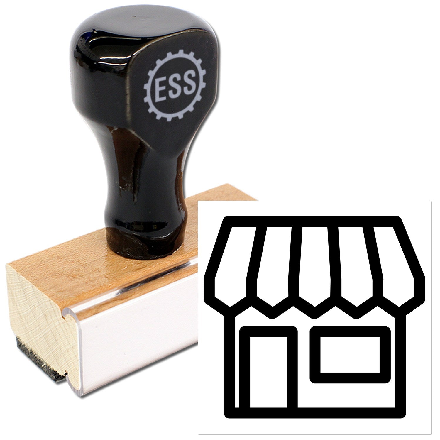 Wood Handle Real Estate Return Visit Rubber Stamp with black top and ESS logo, featuring a wooden base and a storefront icon. Ideal for professional use in real estate documentation.