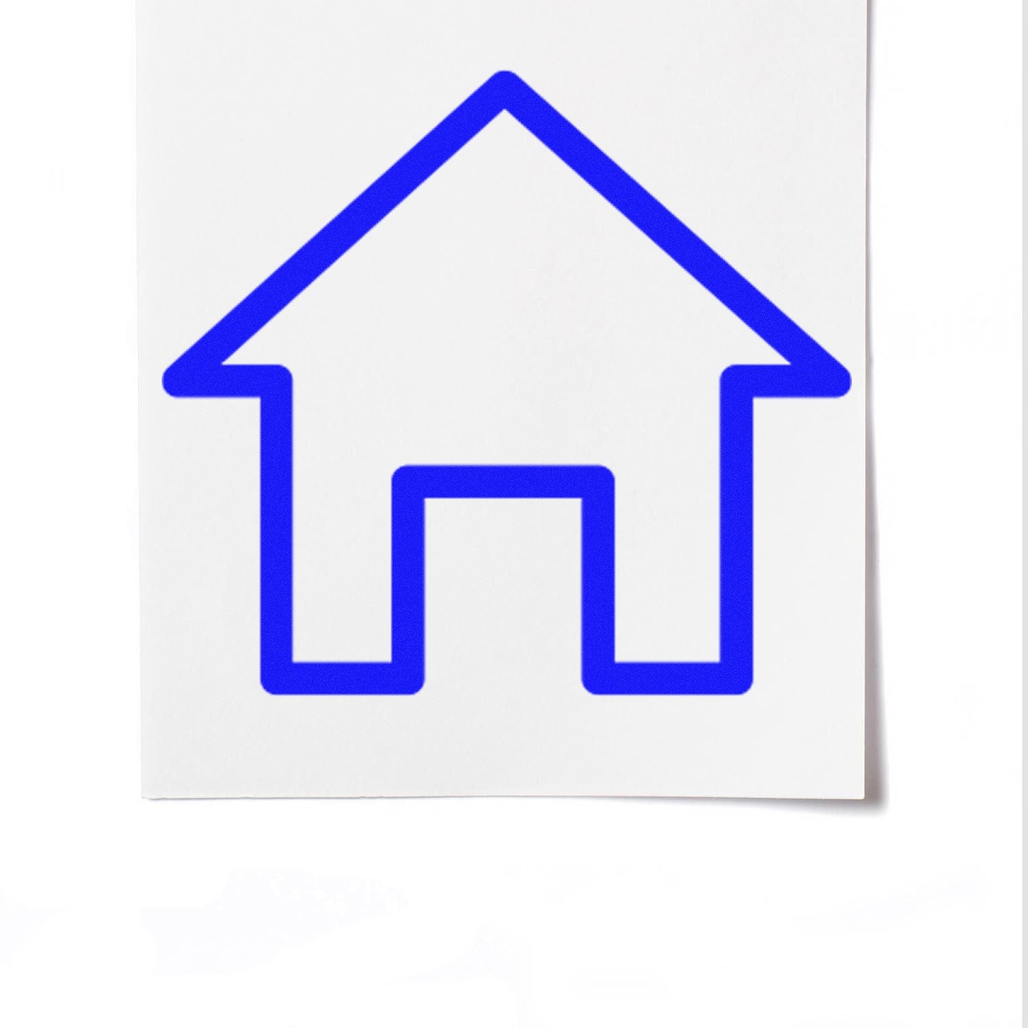 Wood Handle Home Sweet Discount Rubber Stamp with a blue house outline design on white paper, showcasing its clean and precise stamping capability.