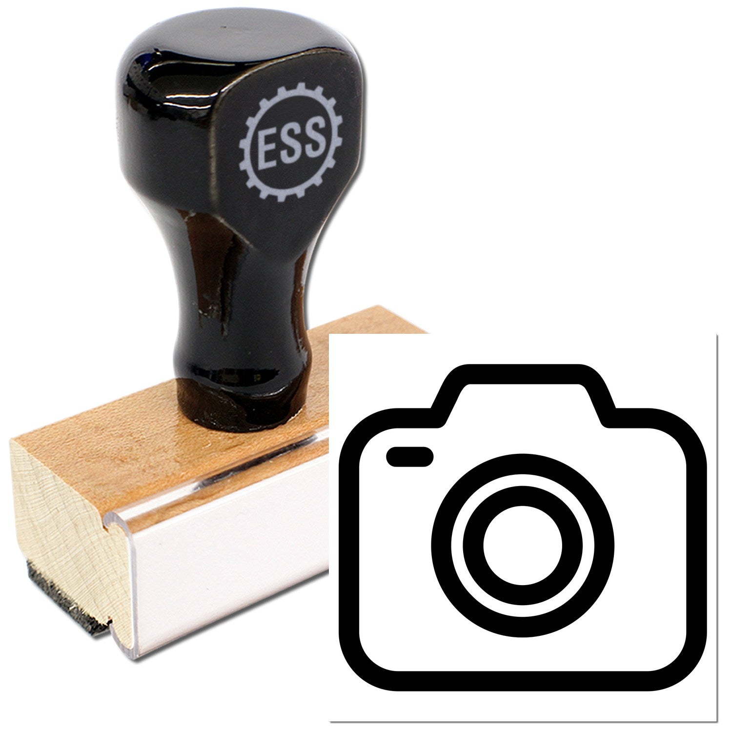 Wood Handle Snappy-Based Rewards Rubber Stamp with a sleek black top and engraved logo, mounted on a sturdy wooden base. Ideal for crafting and office use.