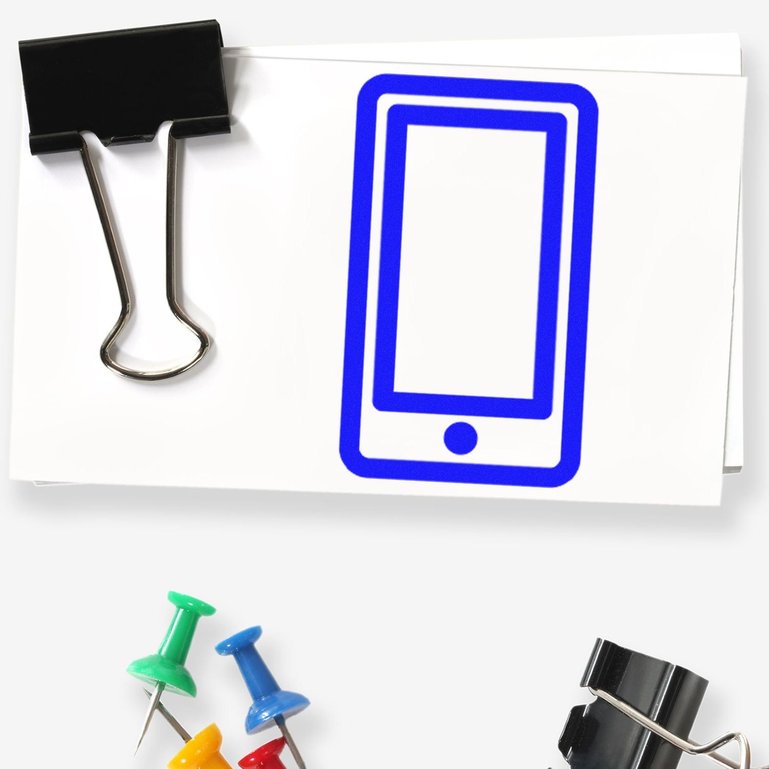 Wood Handle Phoned In Collection for Rewards Rubber Stamp featuring a blue phone icon, displayed with colorful push pins and a black binder clip on a white background.