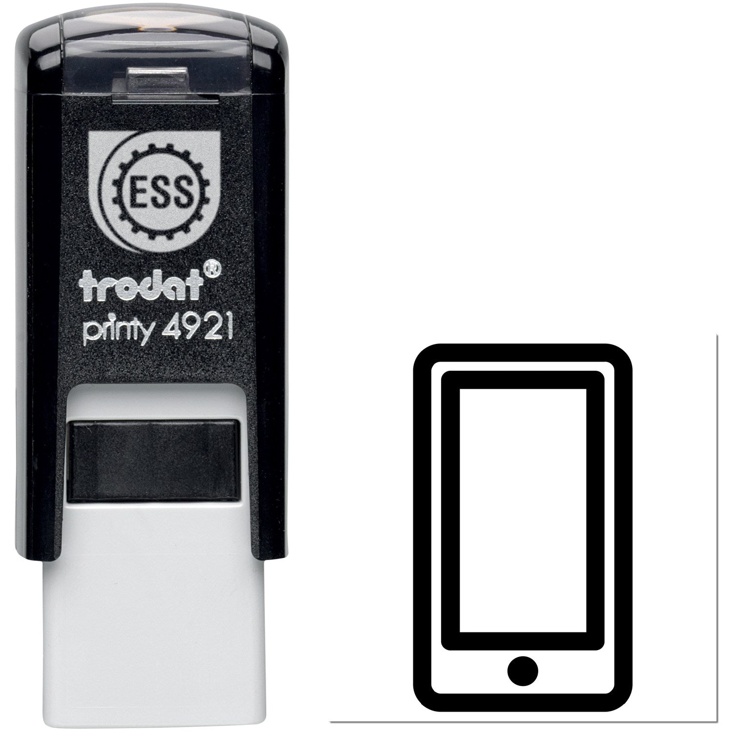 Self-Inking Phoned In Collection for Rewards Stamp, featuring a sleek black design with a phone icon imprint, ideal for efficient stamping.