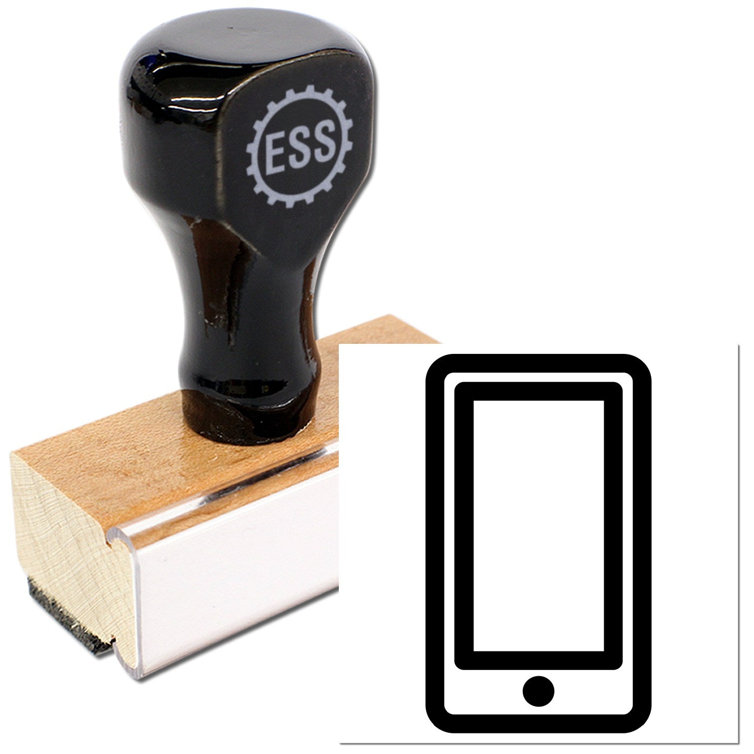 Wood Handle Phoned In Collection for Rewards Rubber Stamp featuring a sleek black handle with ESS logo, mounted on a sturdy wooden base, next to a phone icon. Ideal for reward systems.