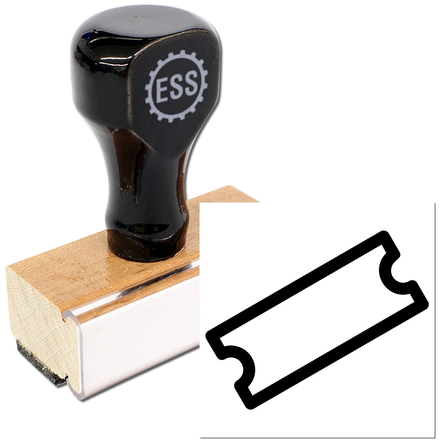 Wood Handle Ticket To Rewards Rubber Stamp with a sleek black top and natural wood base, featuring a ticket-shaped imprint design. Perfect for crafting and office use.