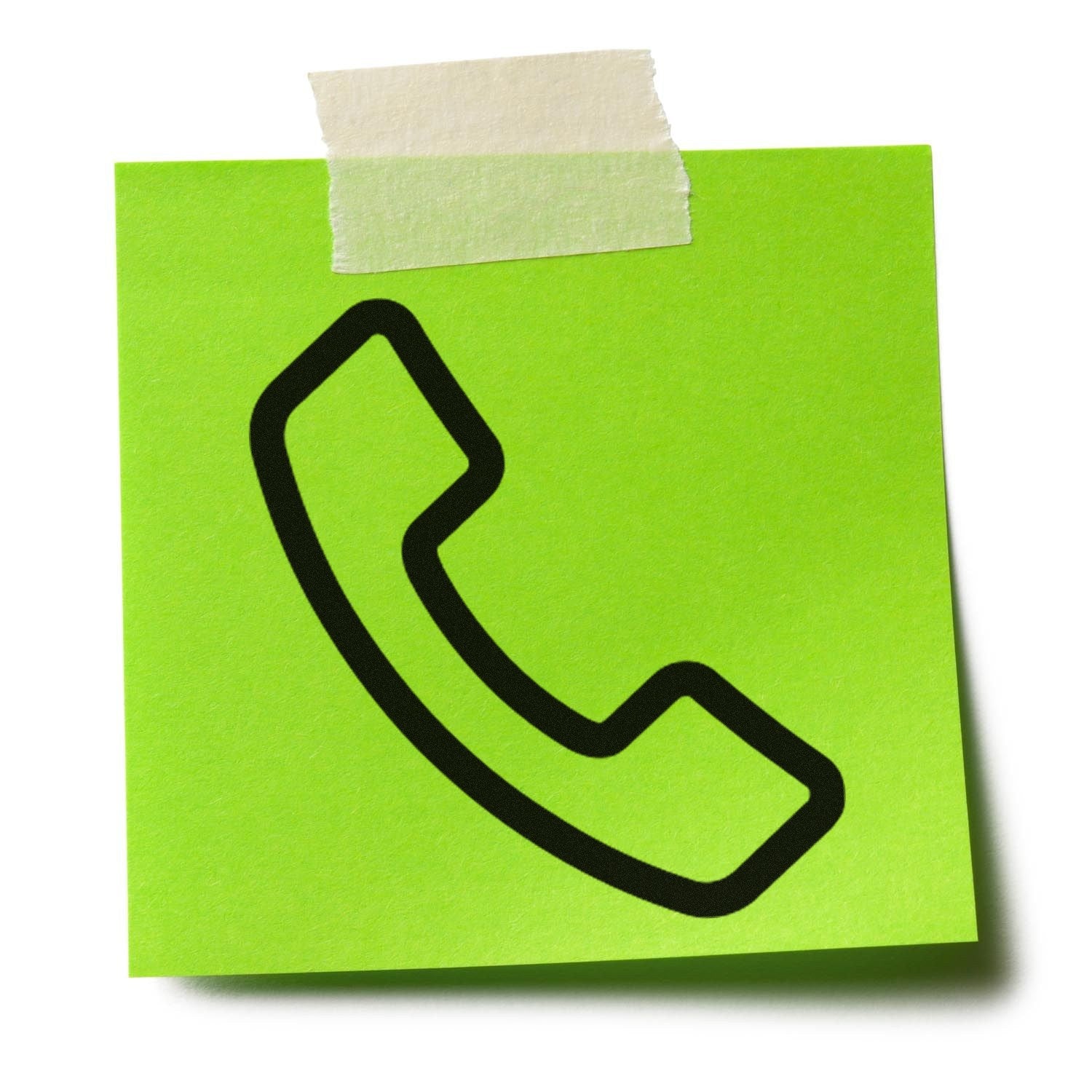 Wood Handle Call & Collect for Free Item Rubber Stamp on a green sticky note with a phone icon, showcasing its practical use for easy call and collect services.