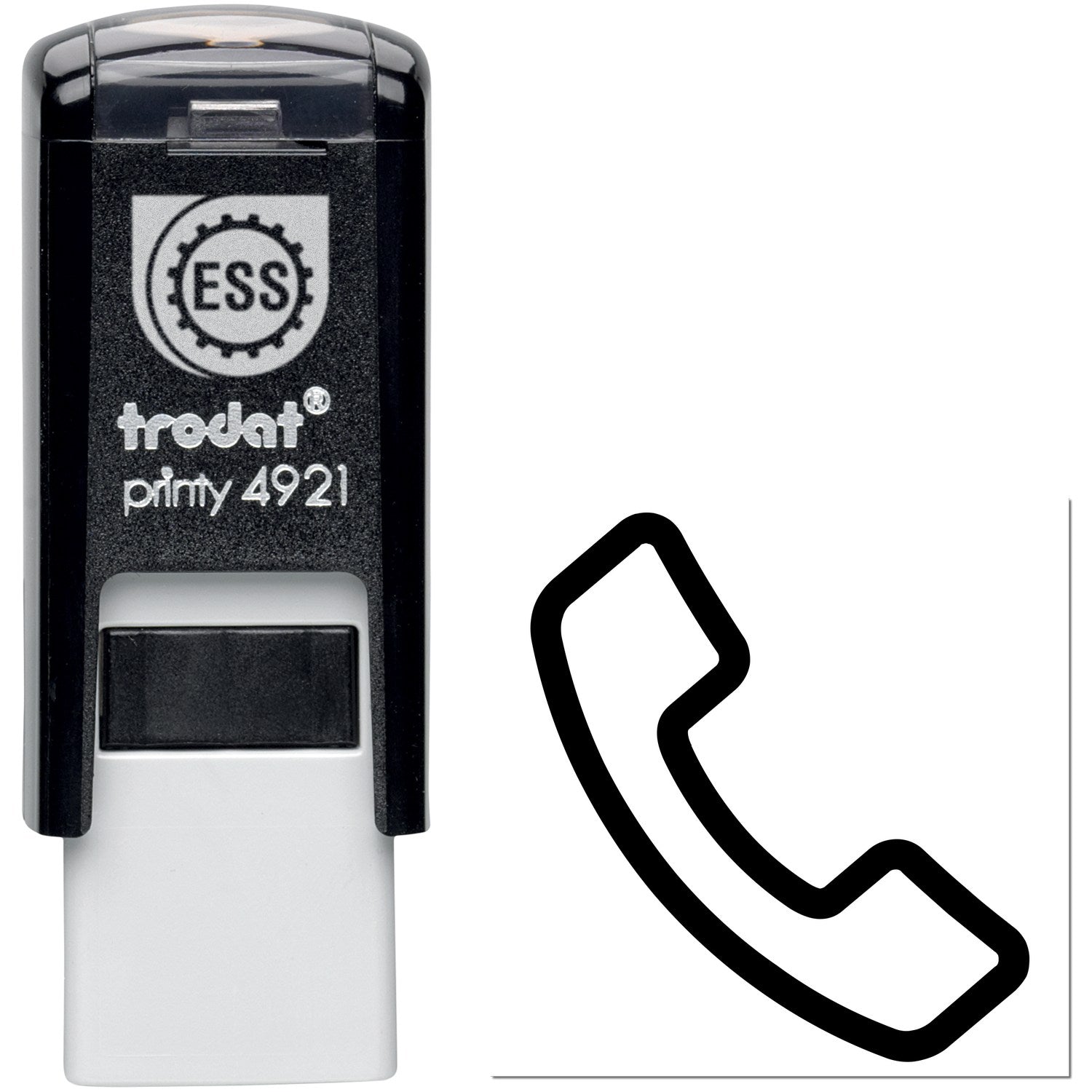 Self-Inking Call & Collect for Free Item Stamp, featuring a black design with a phone icon, ideal for efficient stamping. Perfect for businesses offering call and collect services.