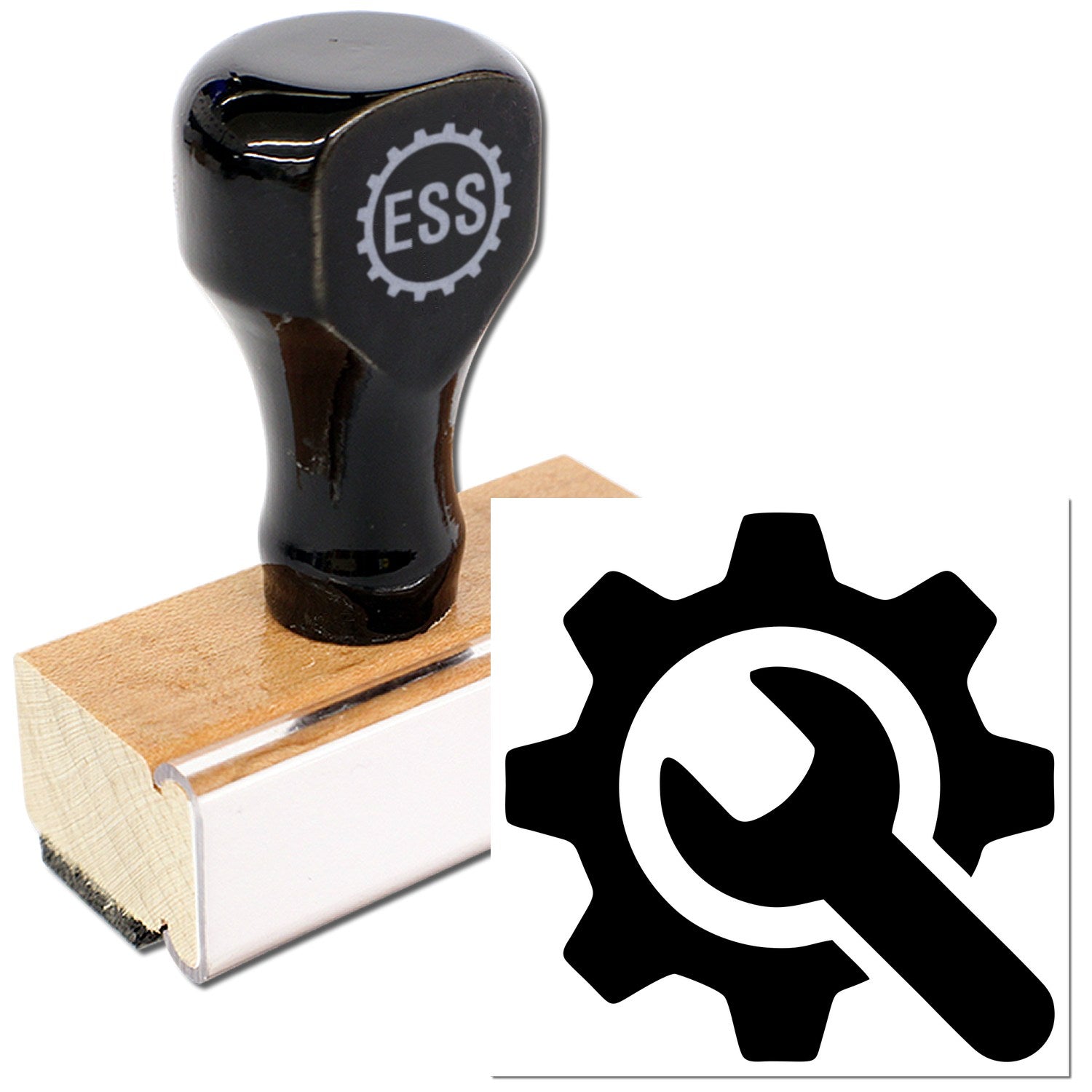 Wood Handle Tool Reward Program Rubber Stamp with black handle and wooden base, featuring a gear and wrench design. Ideal for marking achievements in tool-related programs.