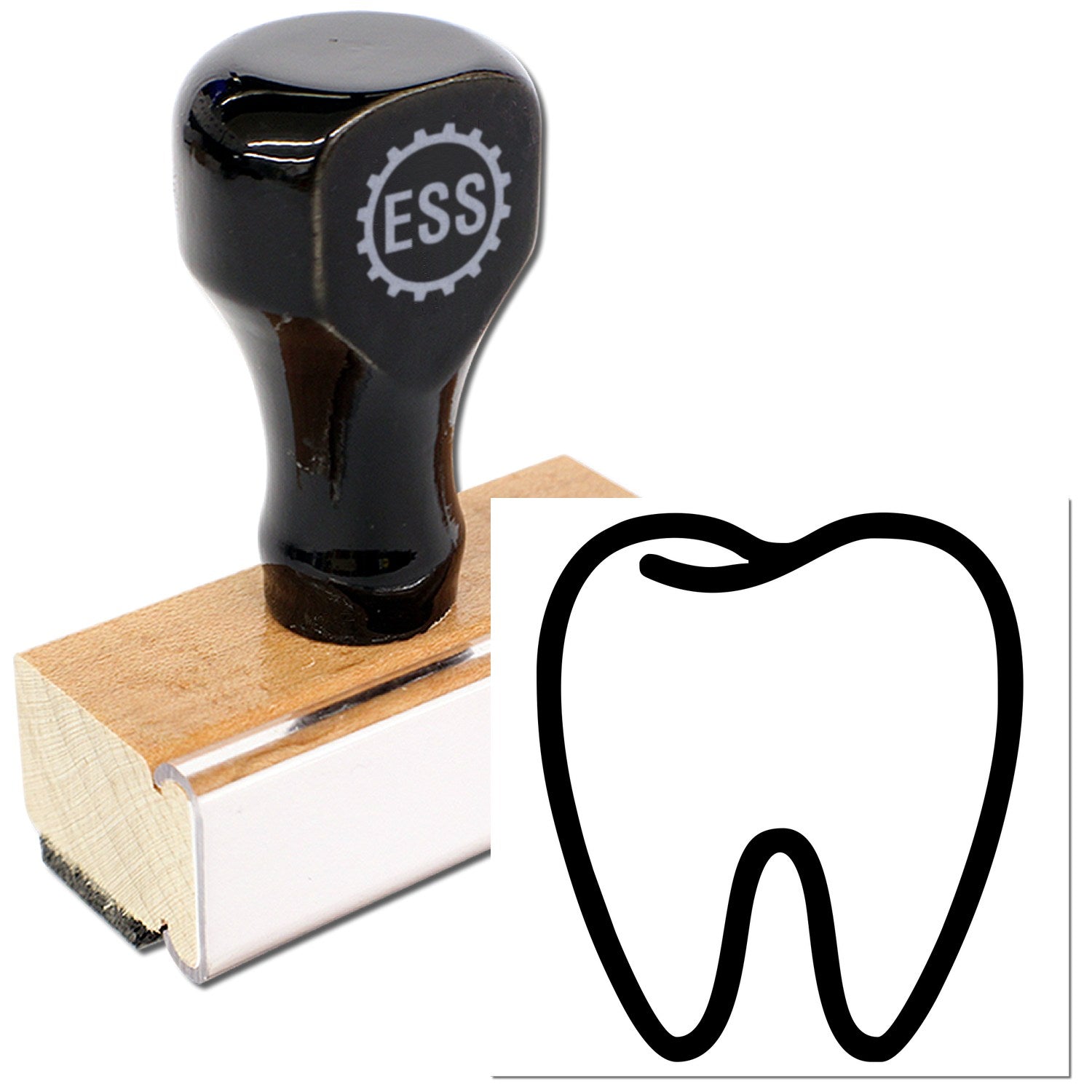 Wood Handle Dental Visit Rubber Stamp with black top and wooden base, featuring a tooth outline design. Ideal for dental office use.