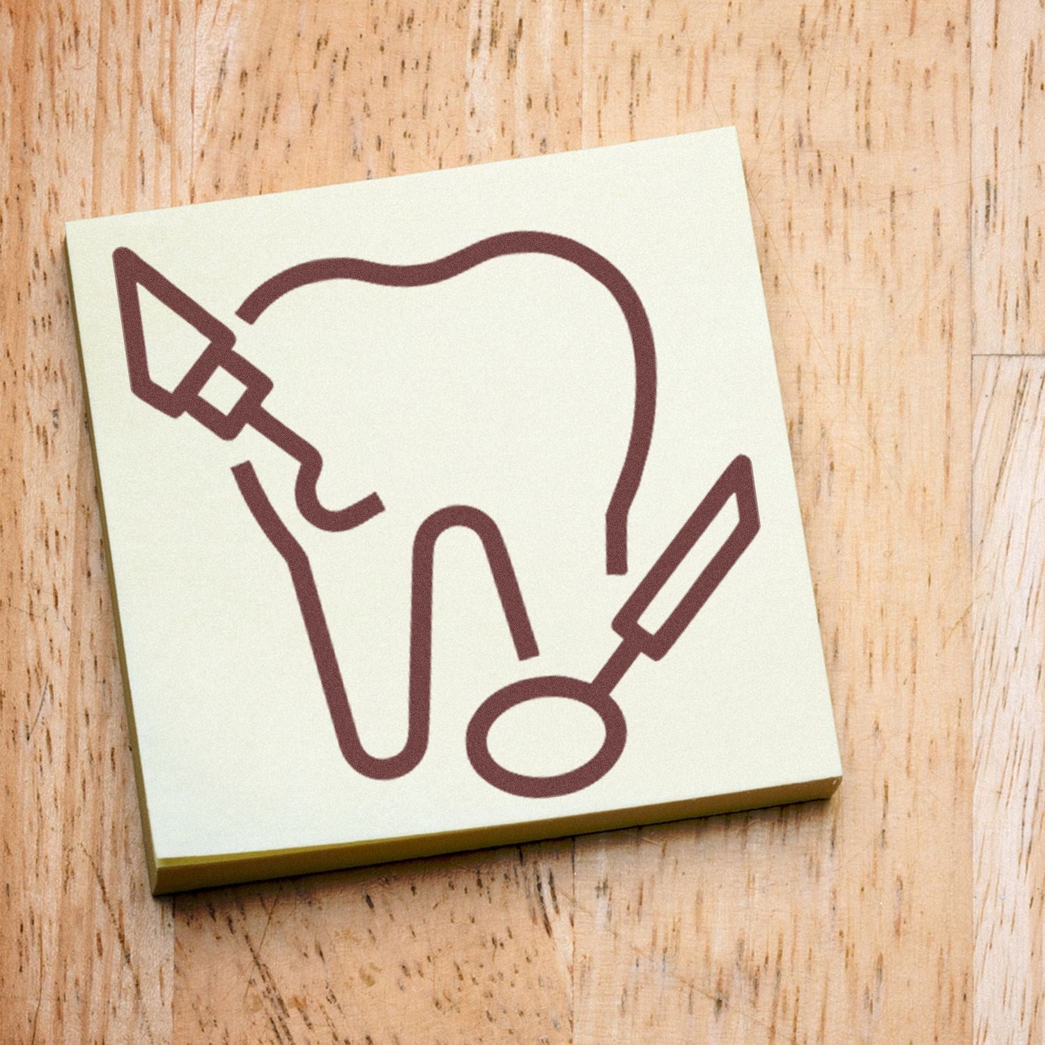 Wood Handle Healthy Teeth for Discounts Rubber Stamp on wooden surface, featuring a tooth design with dental tools. Perfect for dental promotions and office use.