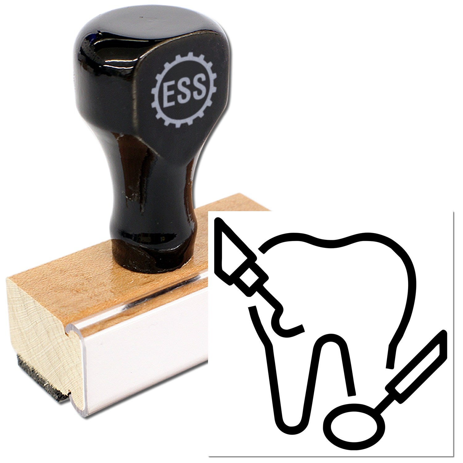 Wood Handle Healthy Teeth for Discounts Rubber Stamp with black top and wooden base, featuring a dental icon. Ideal for promotions and dental-themed projects.