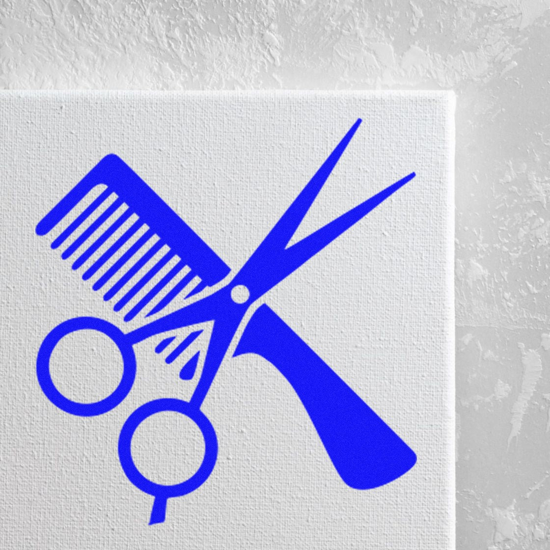 Wood Handle Haircuts Loyalty Incentive Rubber Stamp featuring a blue design of scissors and comb on a textured white background.