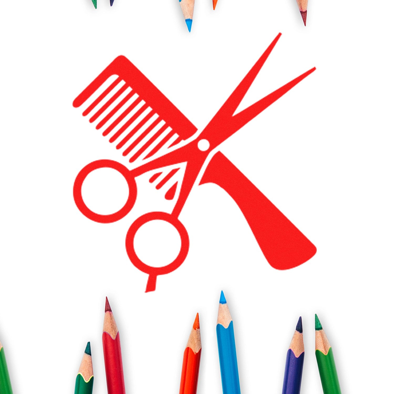 Self-Inking Haircuts Loyalty Incentive Stamp featuring red scissors and comb design, surrounded by colorful pencils, ideal for salon rewards programs.