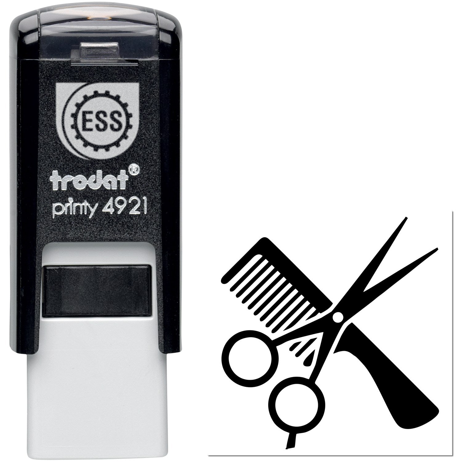 Self-Inking Haircuts Loyalty Incentive Stamp featuring a black casing with a scissors and comb design, ideal for salon rewards.