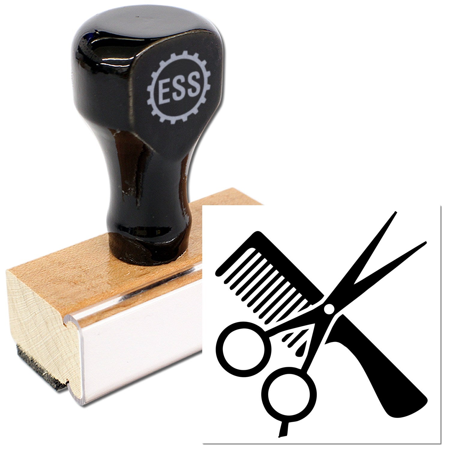 Wood Handle Haircuts Loyalty Incentive Rubber Stamp with black top and wooden base, featuring a scissors and comb design. Perfect for salon promotions and customer rewards.