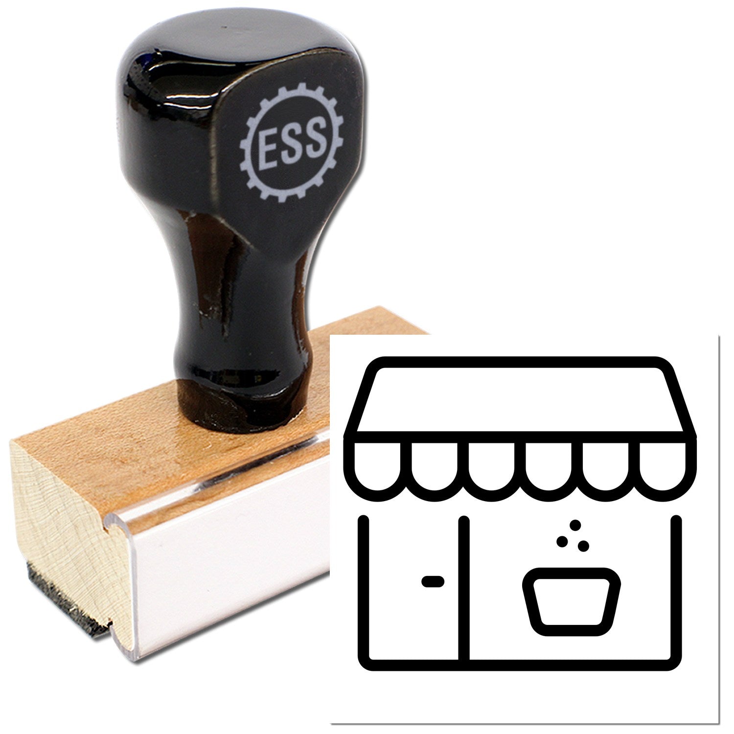 Wood Handle Coffee Shop Loyalty Rubber Stamp with a sleek black top and wooden base, featuring a coffee shop icon. Ideal for branding and customer rewards.