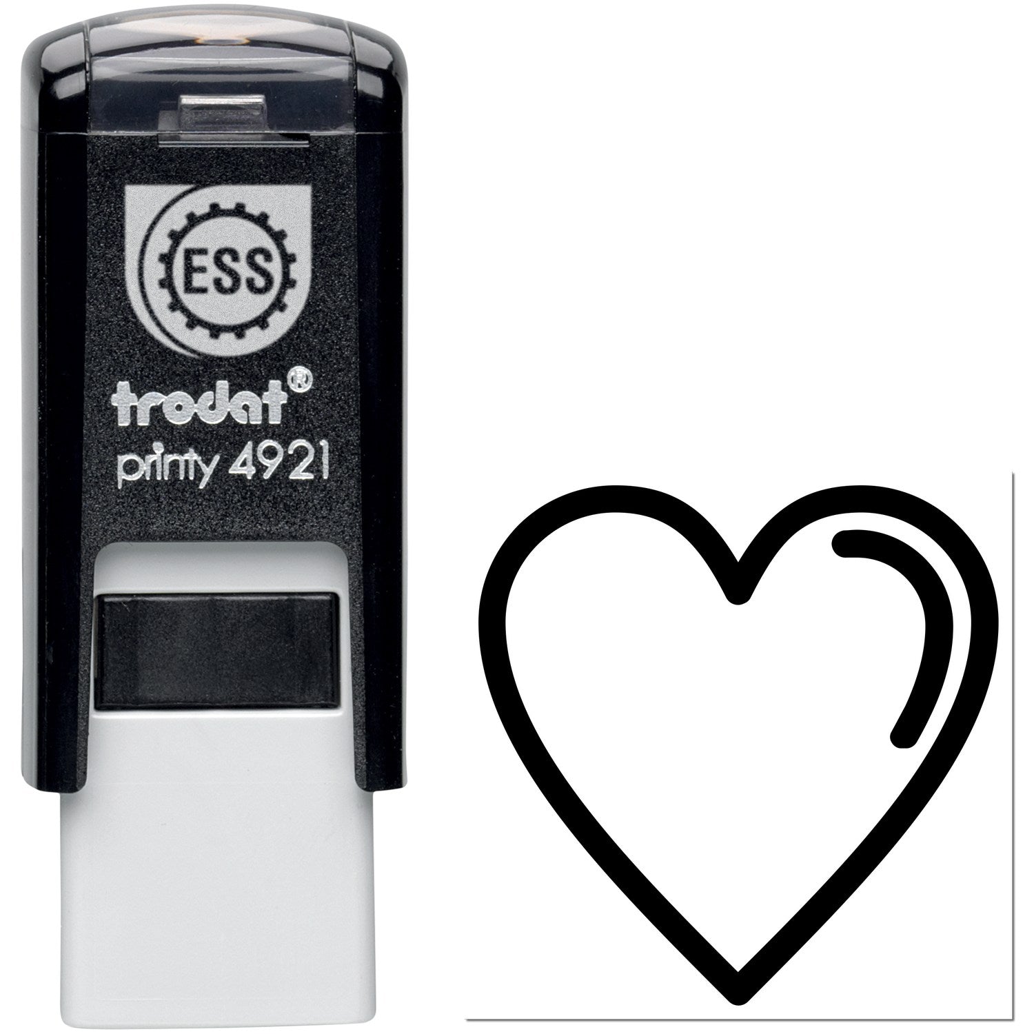 Self-Inking Heartfelt Loyalty Stamp with black casing and a heart design imprint. Ideal for crafting and business use. Compact and easy to use for consistent, clean impressions.