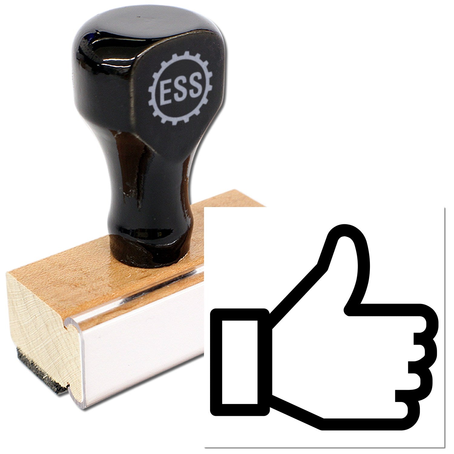 Wood Handle Happy Customer Loyalty Rubber Stamp with black top and wooden base, featuring a thumbs-up icon, ideal for business use.