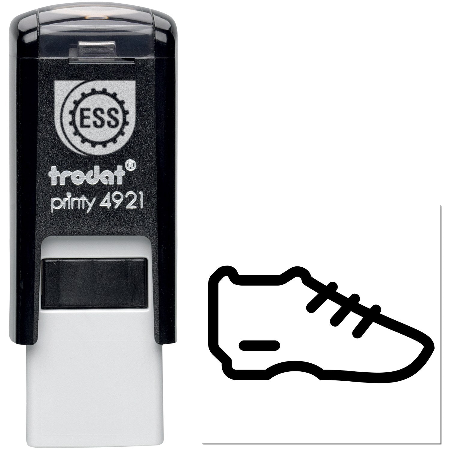 Self-Inking Sneaker Reward Stamp featuring a black casing with a sneaker imprint design. Ideal for teachers and sneaker enthusiasts. Compact and easy to use for stamping fun.