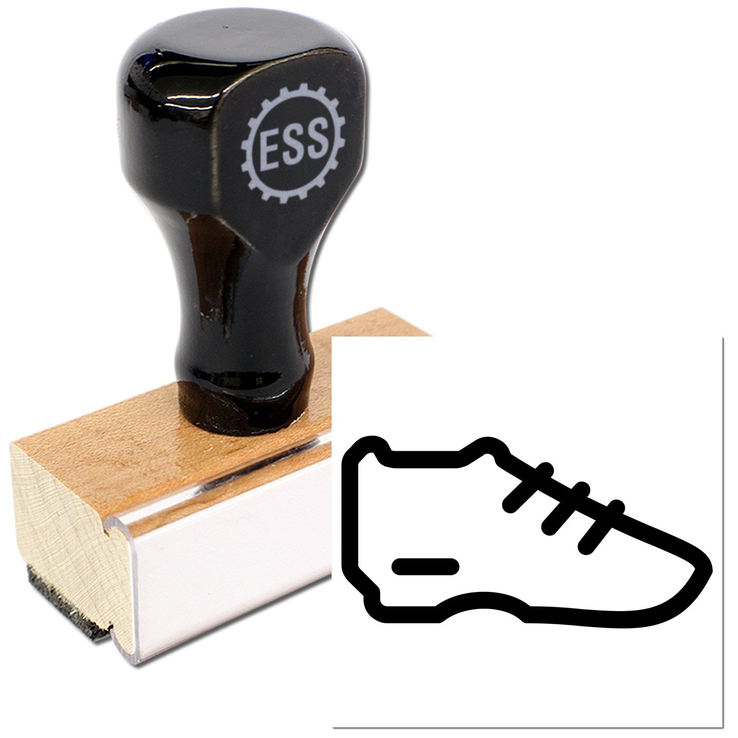 Wood Handle Sneaker Reward Rubber Stamp with black top and wooden base, featuring a sneaker icon design. Ideal for crafting and marking achievements.