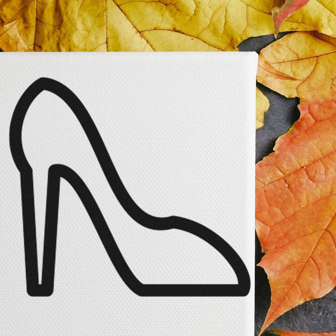 Wood Handle Shoe Loyalty Card Rubber Stamp on a white canvas, featuring a sleek high heel outline, set against a backdrop of vibrant autumn leaves. Perfect for crafting and branding.