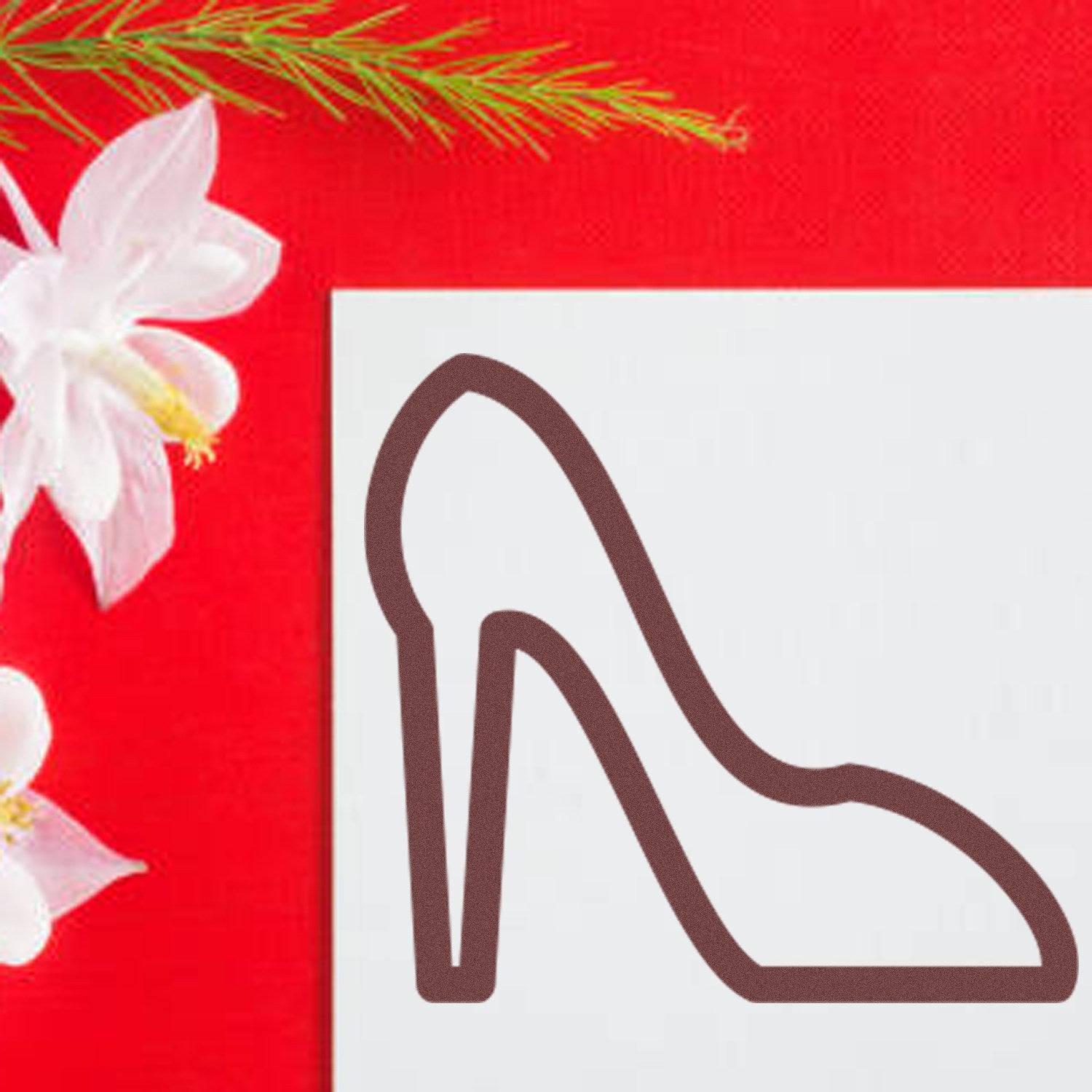 Wood Handle Shoe Loyalty Card Rubber Stamp on red background with floral accents, featuring a high heel shoe design. Perfect for crafting and loyalty card stamping.