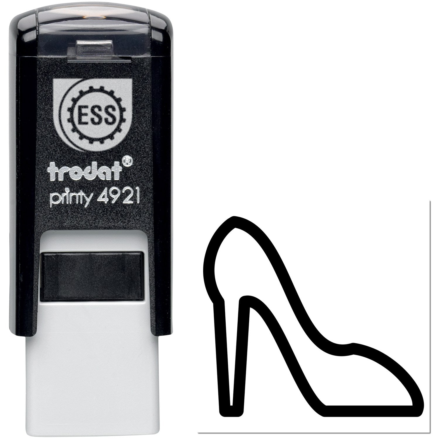 Self-Inking Shoe Loyalty Card Stamp featuring a sleek black design with a high heel shoe imprint. Ideal for businesses to mark loyalty cards efficiently.