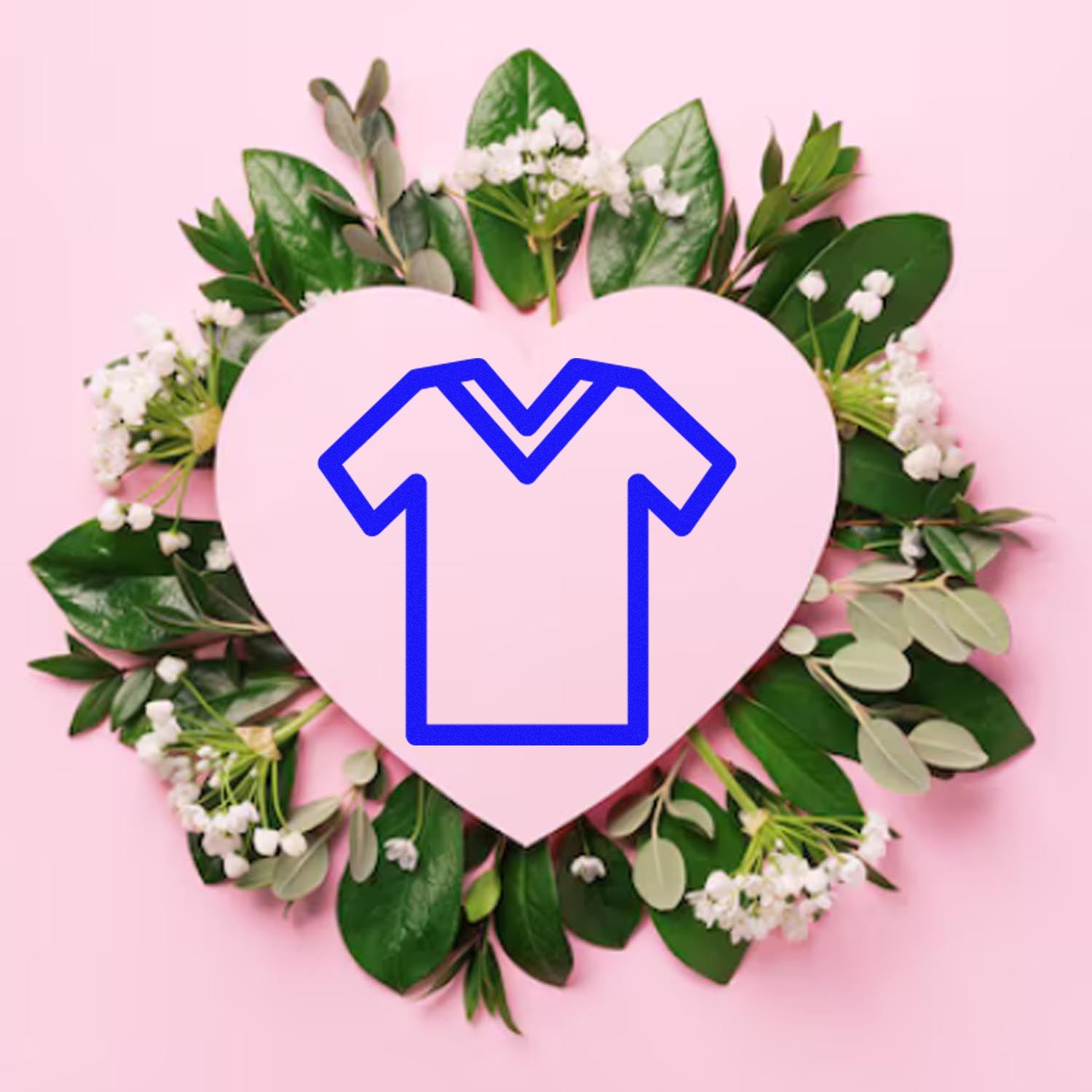 Self-Inking Clothing Frequent Buyer Stamp on a pink heart surrounded by green leaves and white flowers, showcasing its design and functionality. Perfect for marking clothing items efficiently.