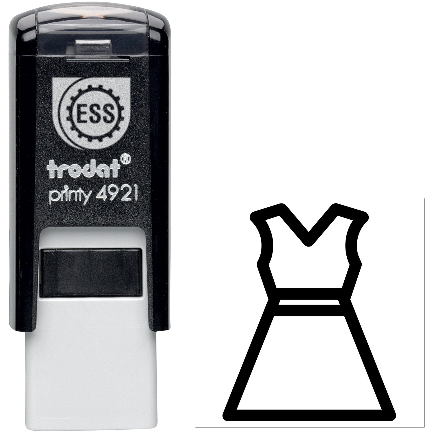 Self-Inking Clothing Punch Card Stamp with black casing and dress icon imprint. Ideal for marking clothing items. Compact and efficient design for easy use.