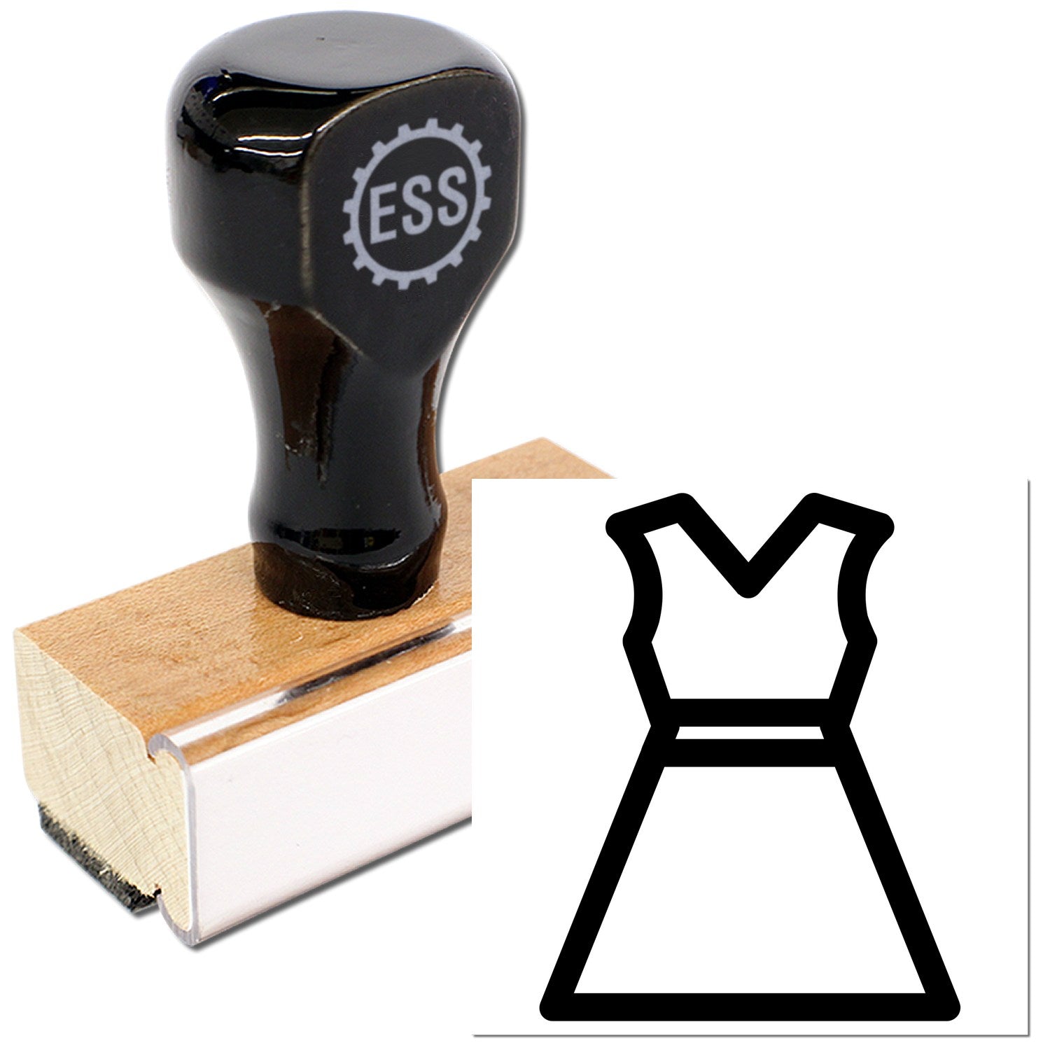 Wood Handle Clothing Punch Card Rubber Stamp with black top and wooden base, featuring a dress icon imprint. Ideal for crafting and garment labeling.