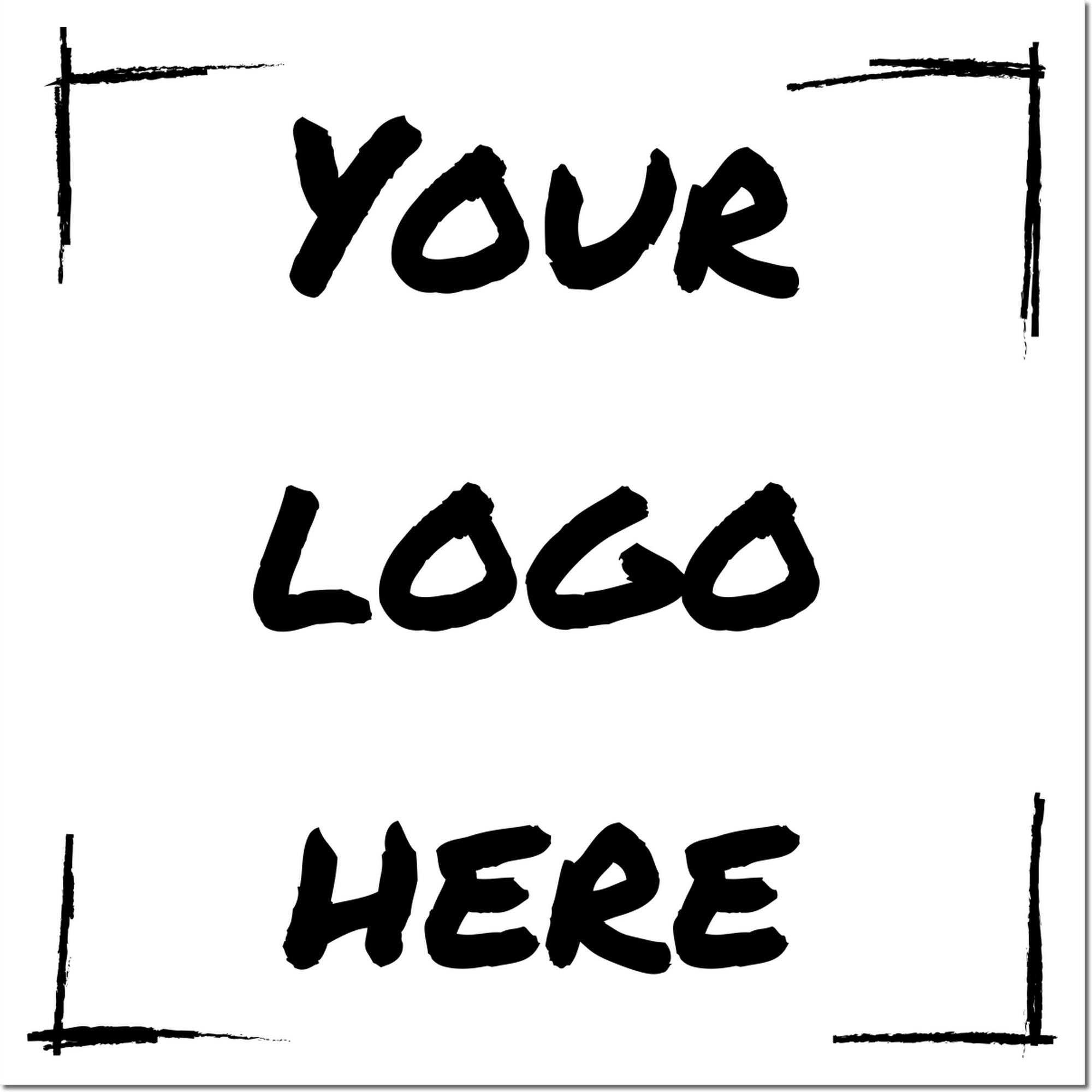 Self-Inking Logo Loyalty Program Stamp with customizable 'Your Logo Here' design, featuring bold black text and corner accents on a white background.