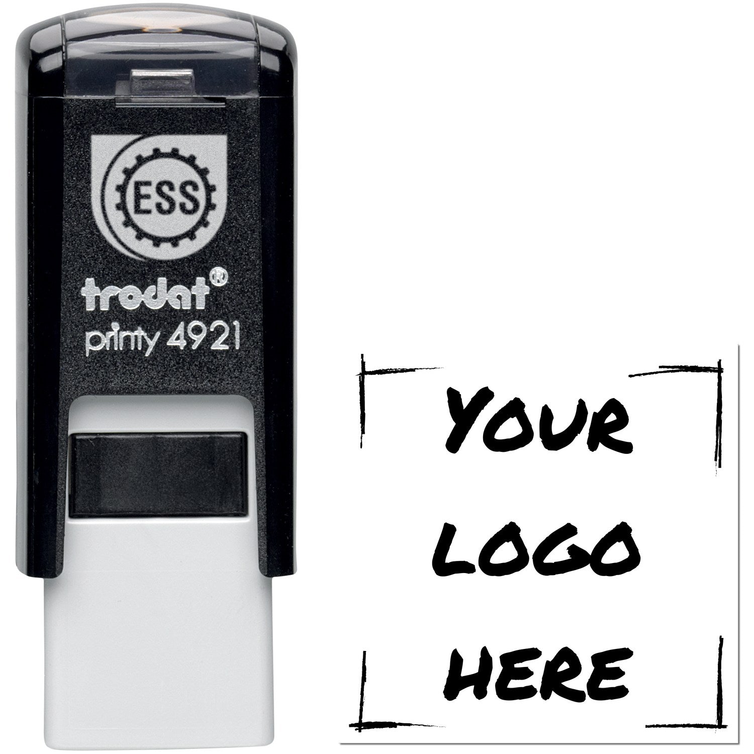 Self-Inking Logo Loyalty Program Stamp with black casing and customizable logo area, featuring Your Logo Here text. Ideal for branding and customer loyalty programs.