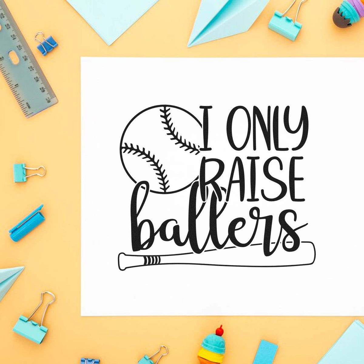 Custom stamp and seal design with black baseball and I only raise ballers on white paper, on yellow with blue stationery.