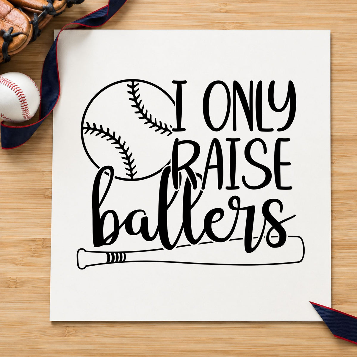 I Only Raise Ballers craft stamp imprint in black ink on a handmade project, one idea being snack bag toppers.