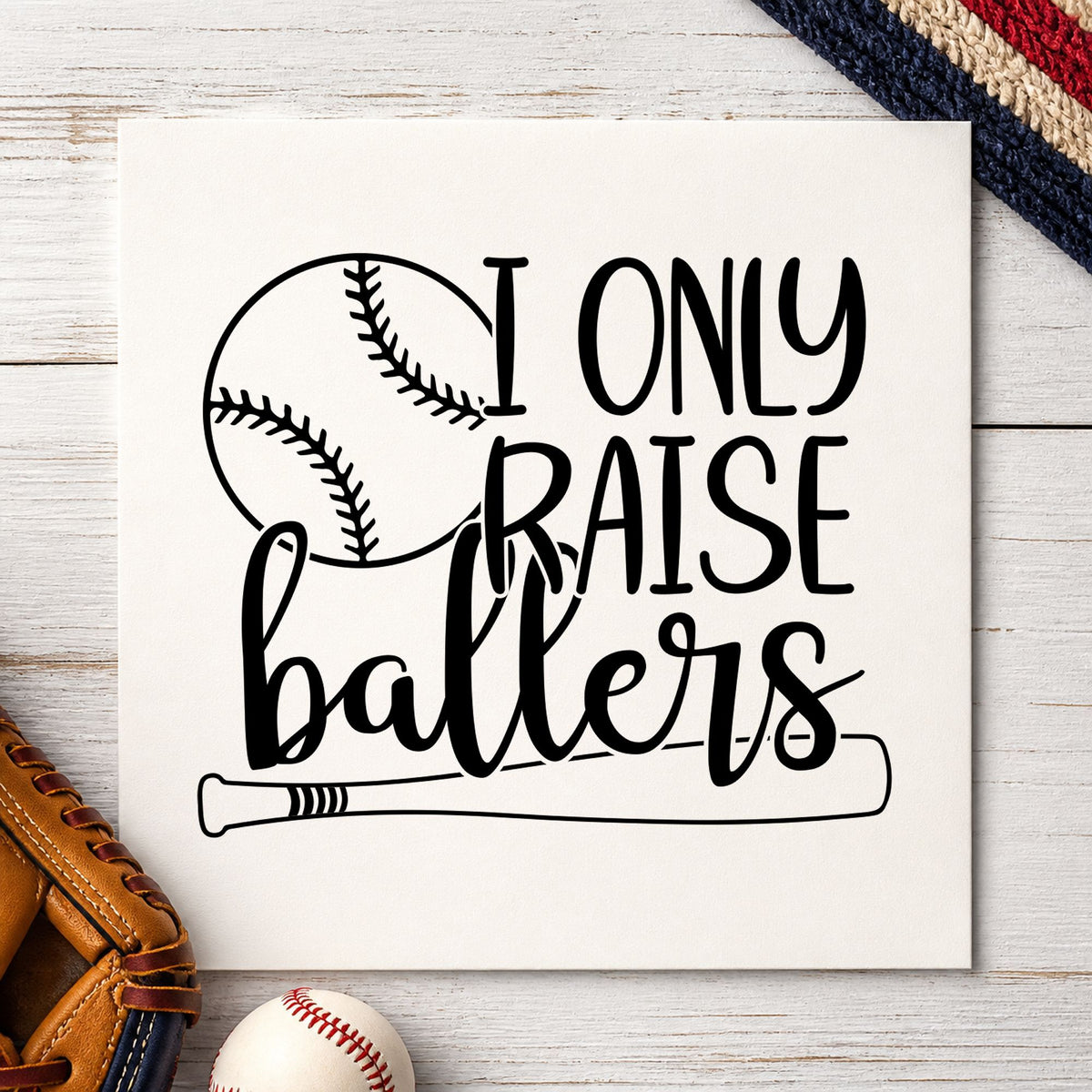 I Only Raise Ballers rubber stamp printed in black ink, ready for coach thank-you notes and similar paper crafts.