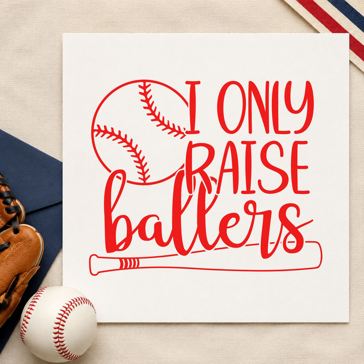 I Only Raise Ballers rubber stamp shown in red ink, stamped for projects such as fundraiser bake sale tags.