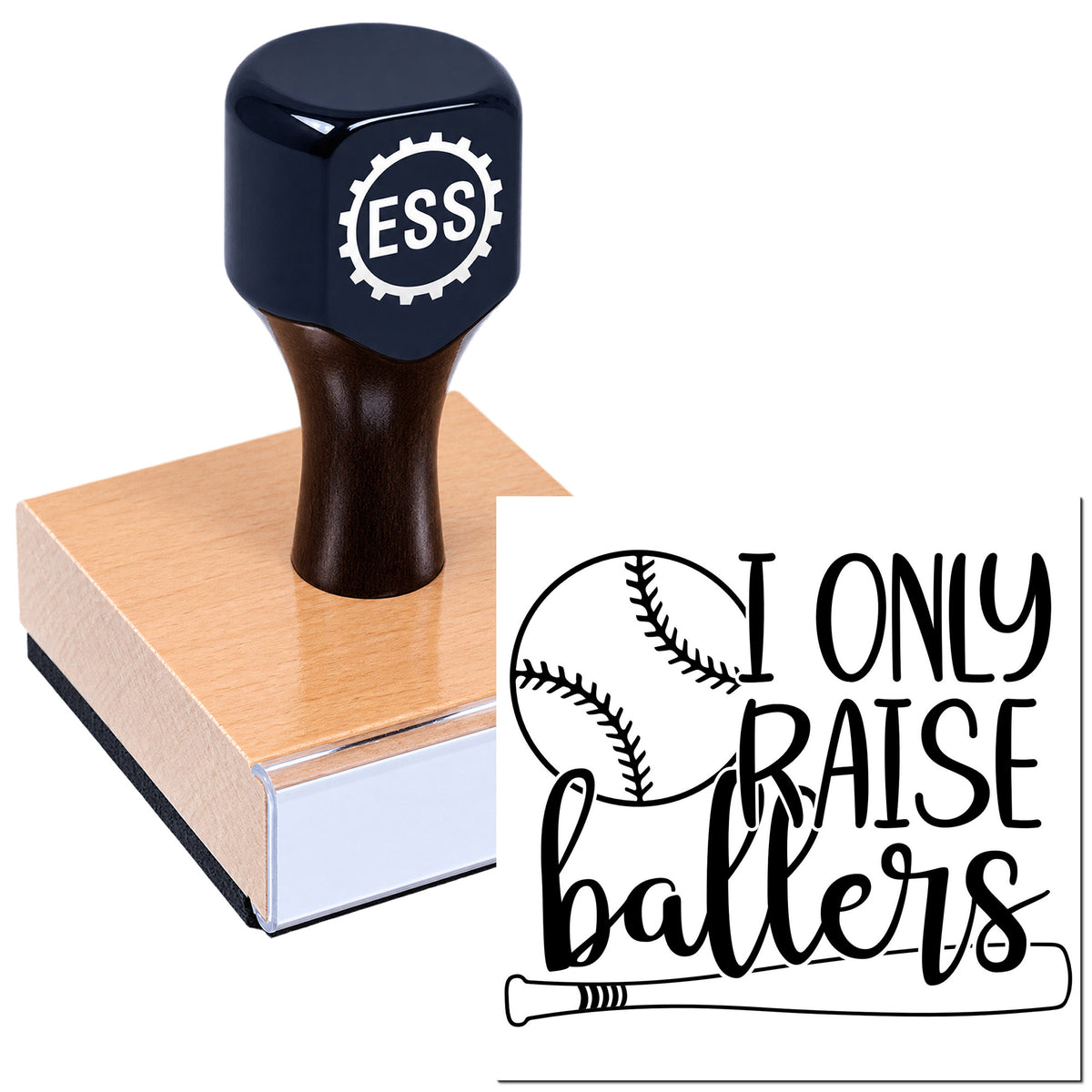 Navy ESS self-inking stamp on pink wood base, paired with baseball "I Only Raise Ballers" seal design.