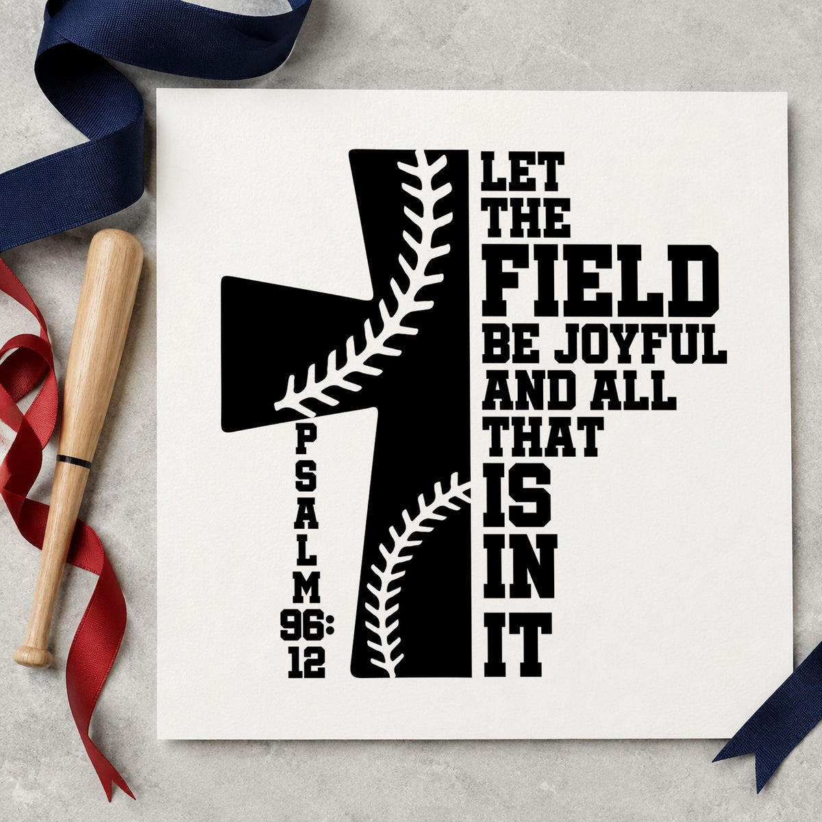 Joyful Baseball Cross craft stamp imprint in black ink on a handmade project, one idea being prayer journal pages.