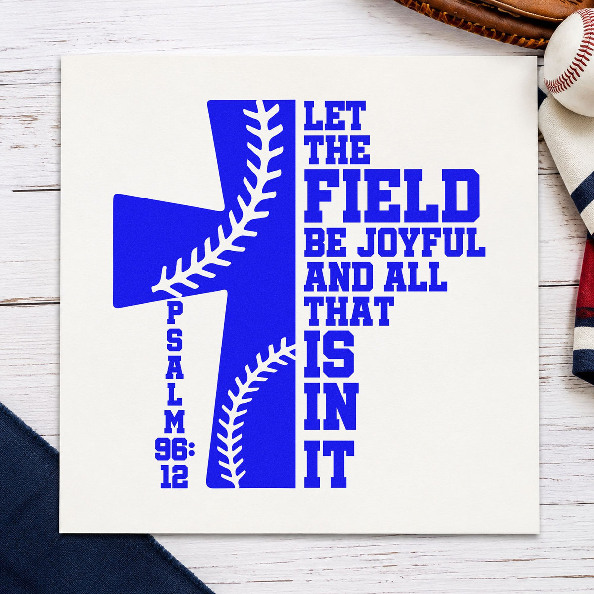 Joyful Baseball Cross craft stamp in blue ink on cardstock, an easy option for chapel service handouts.