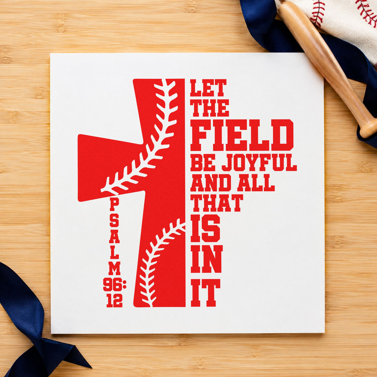 Joyful Baseball Cross rubber stamp shown in red ink, stamped for projects such as equipment bags.