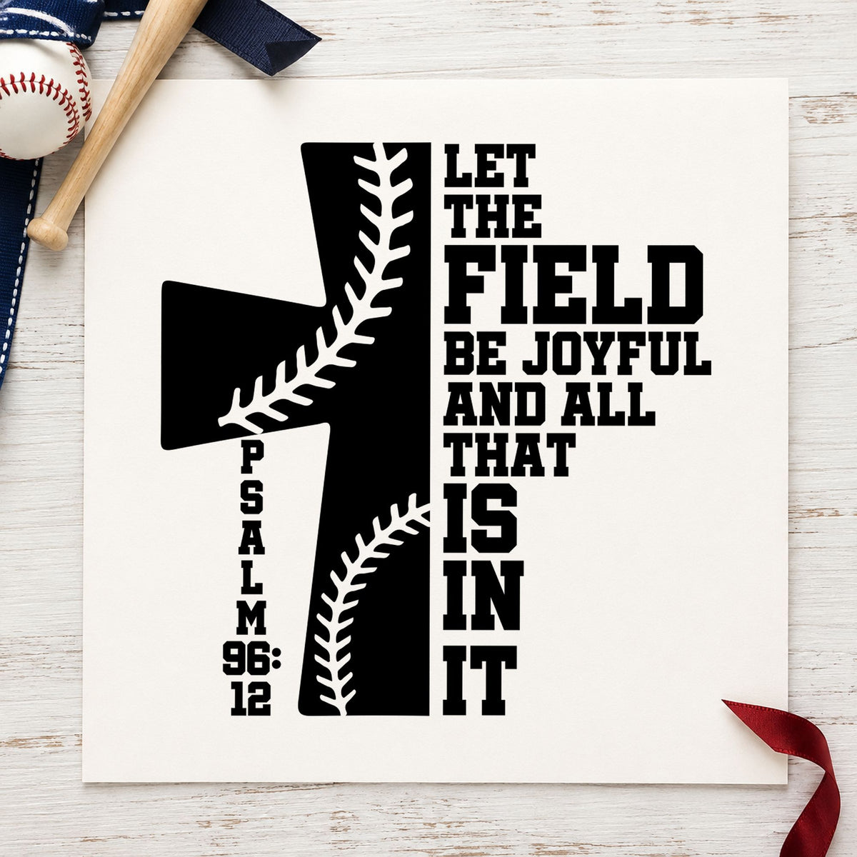 Joyful Baseball Cross rubber stamp printed in black ink, ready for faith team cards and similar paper crafts.