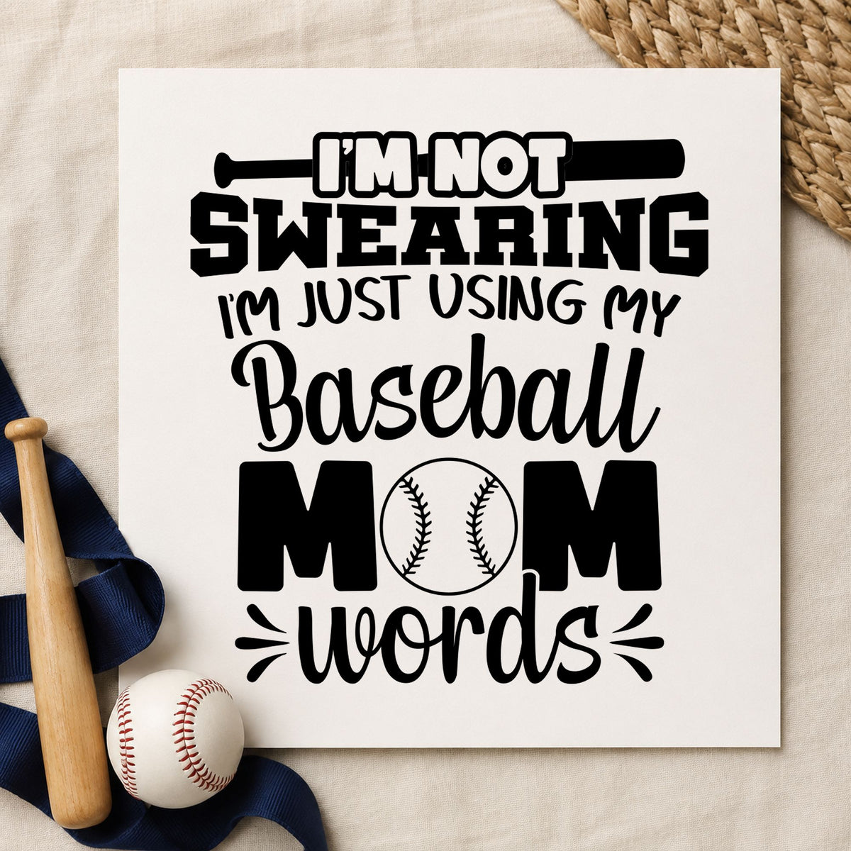 Baseball Mom Words rubber stamp printed in black ink, ready for game day shirts and similar paper crafts.