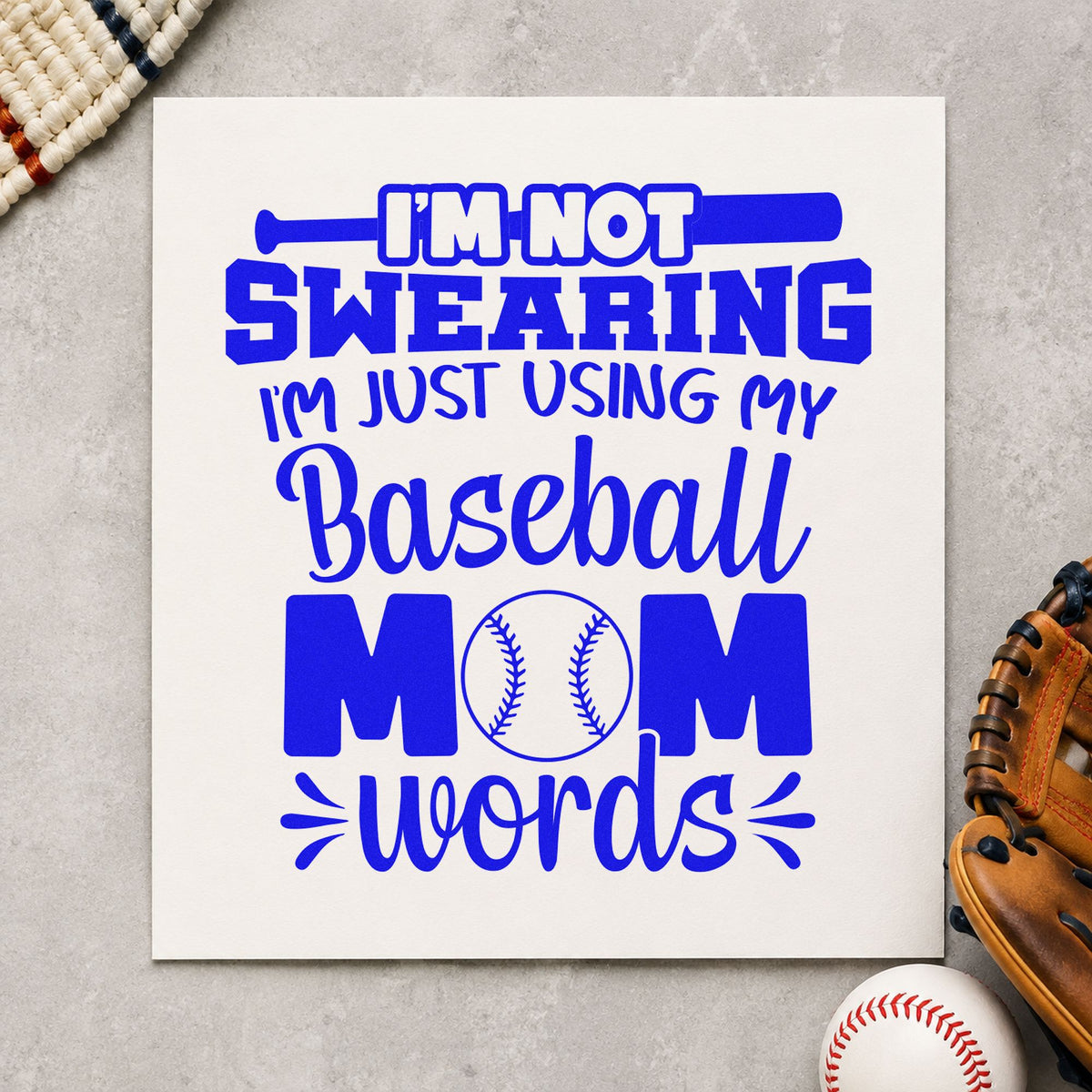 Baseball Mom Words craft stamp in blue ink on cardstock, an easy option for stadium seat cushions.