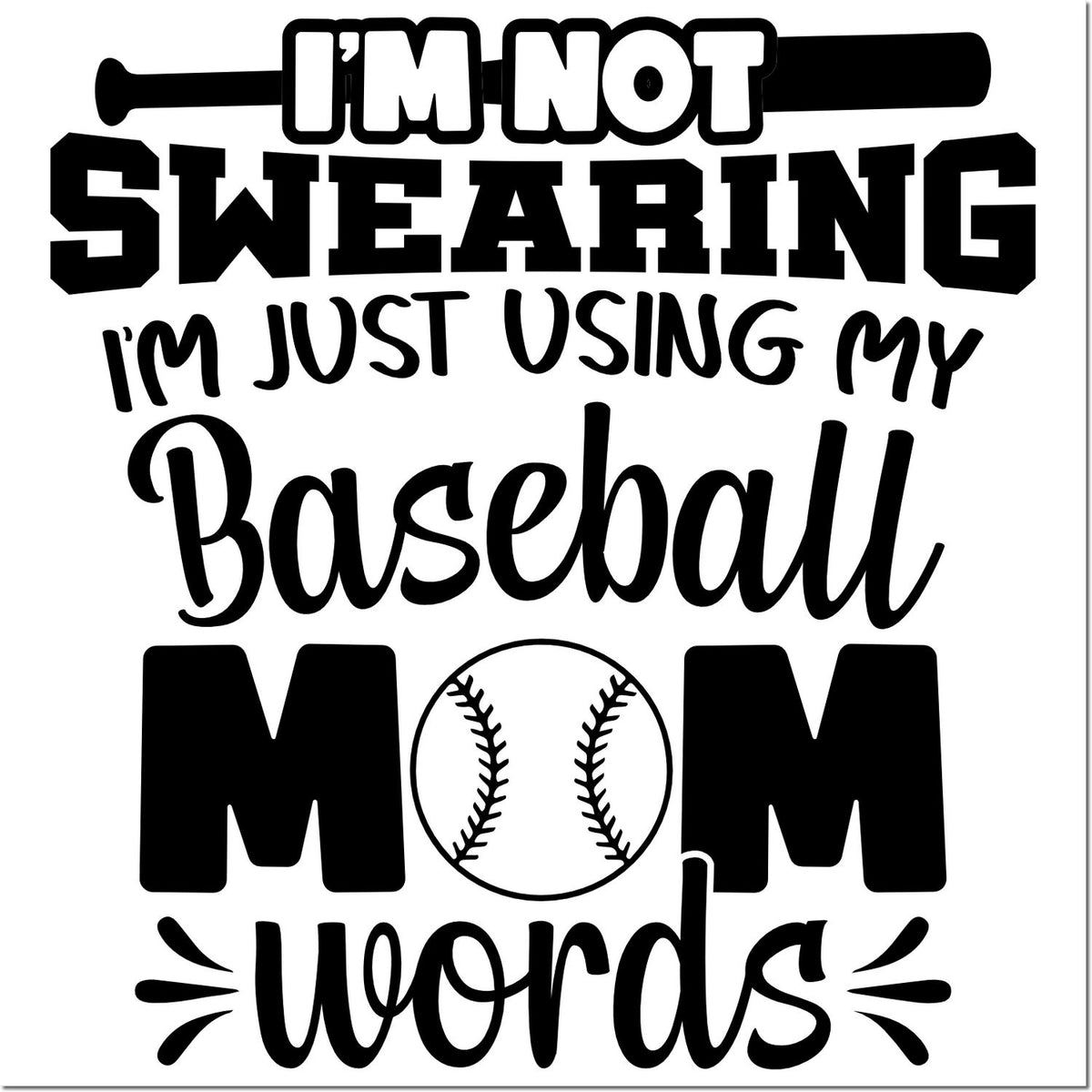 Black-and-white baseball mom seal stamp with bold playful text and a baseball graphic.
