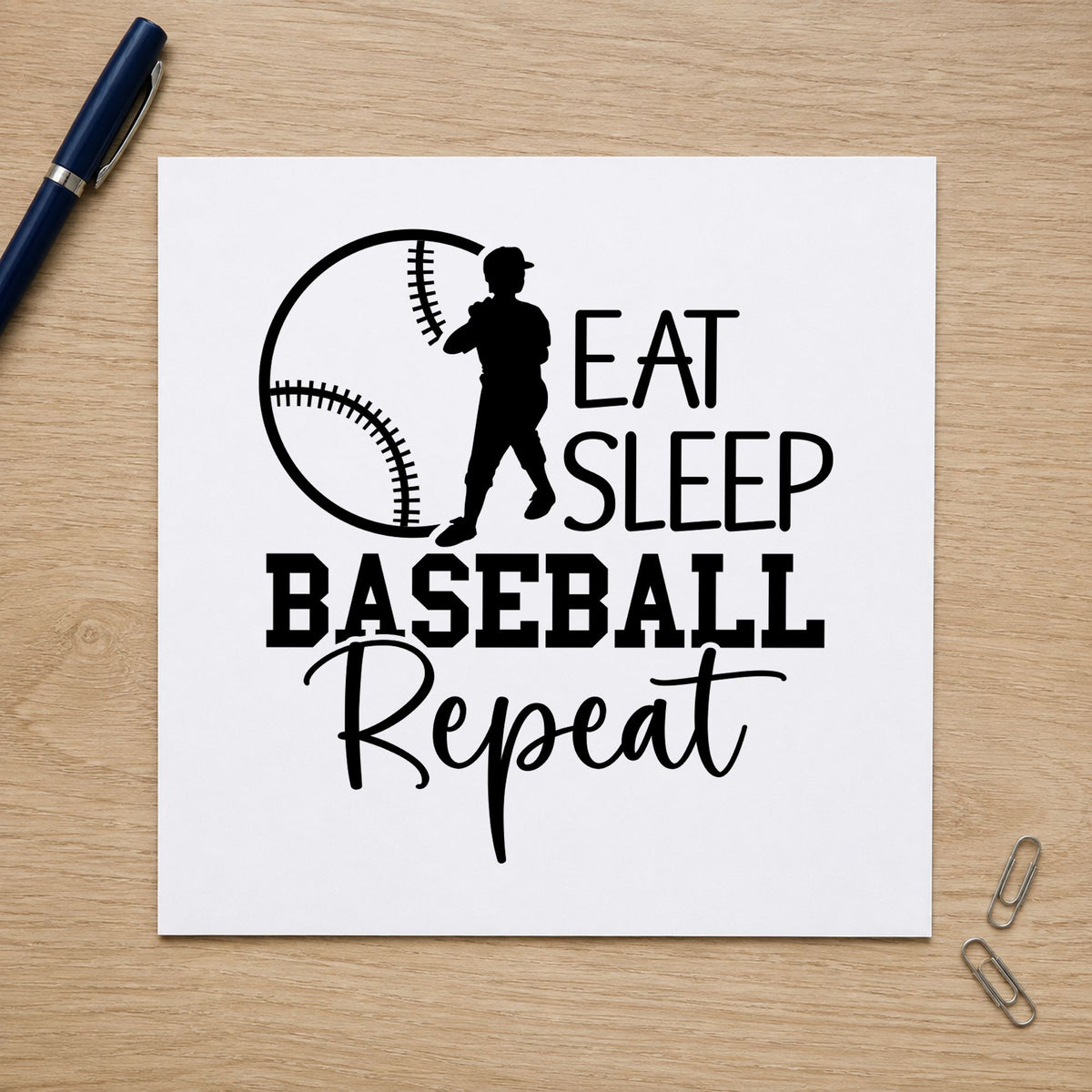 Eat Sleep Baseball Repeat craft stamp in black ink on cardstock, an easy option for locker door signs.