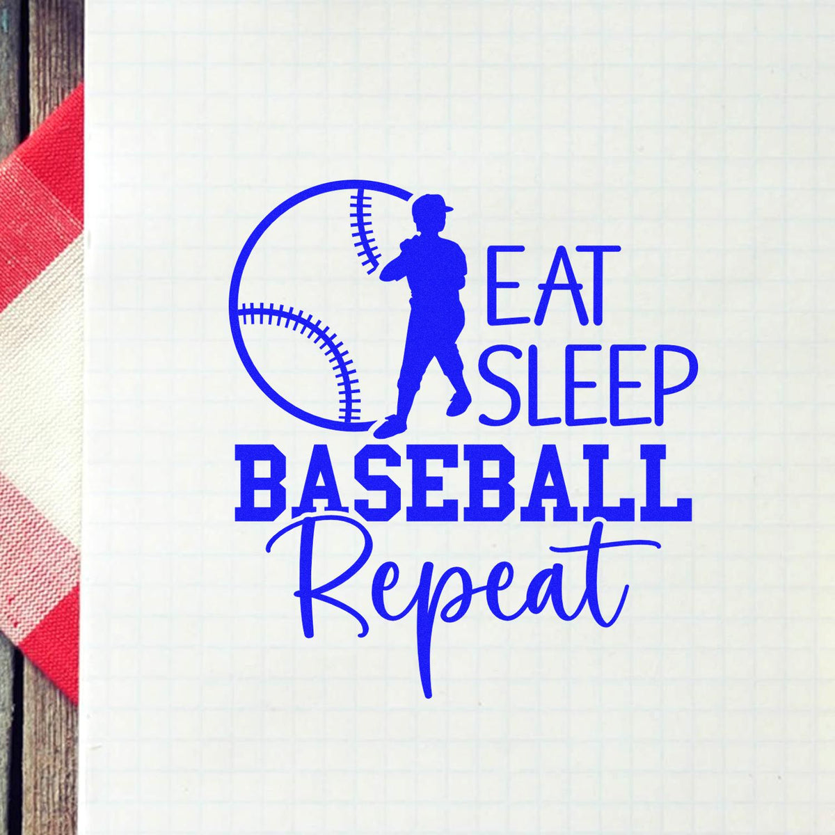 Blue baseball stamp/seal design with batter silhouette and slogan Eat Sleep Baseball Repeat on a white background.