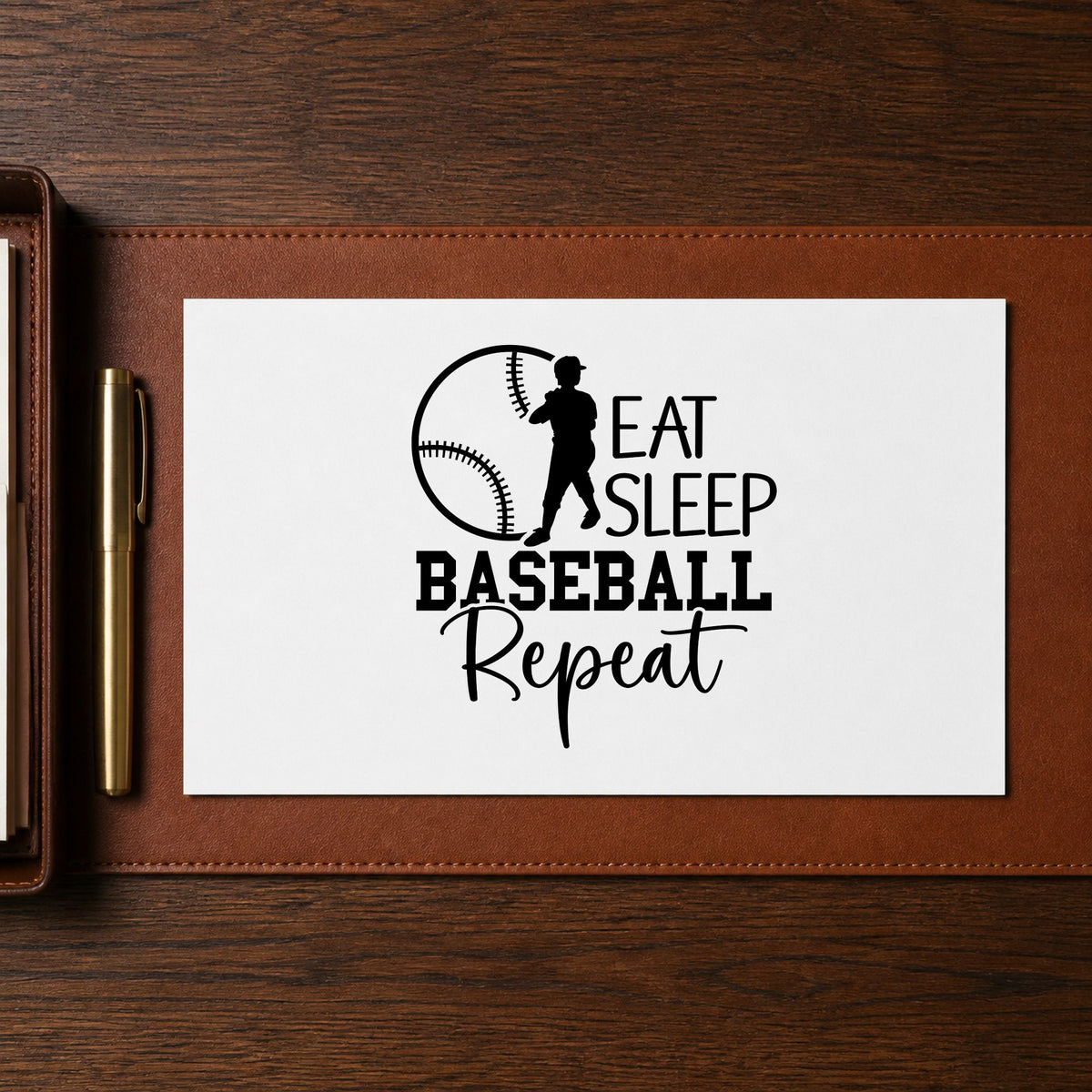 Eat Sleep Baseball Repeat rubber stamp printed in black ink, ready for team party invitations and similar paper crafts.